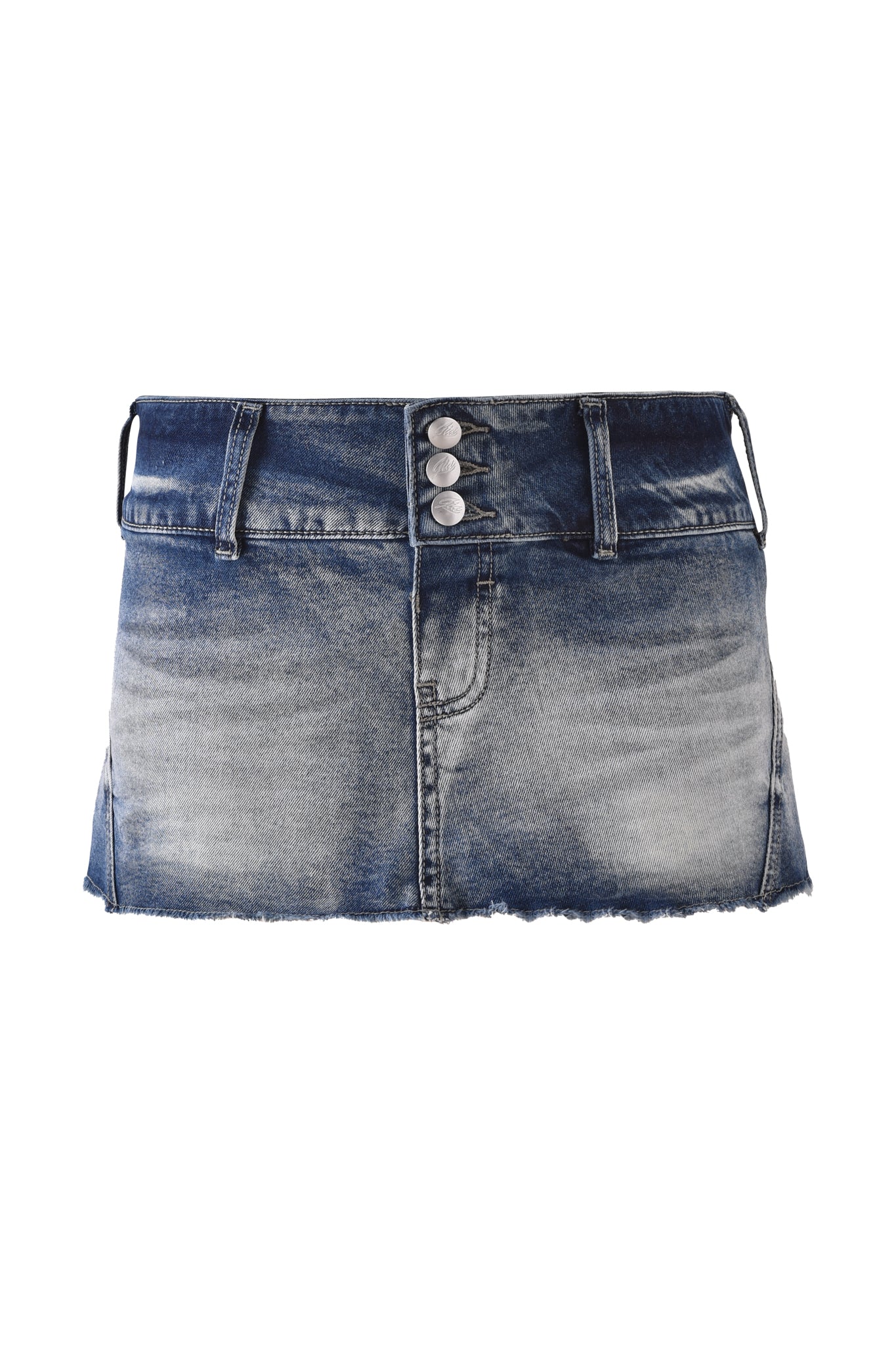 The NYKKO SKORT - ICE BLUE by I.AM.GIA is a blue denim micro mini skort with a low-rise waist, faded wash, frayed hem, belt loops, and three silver front buttons.