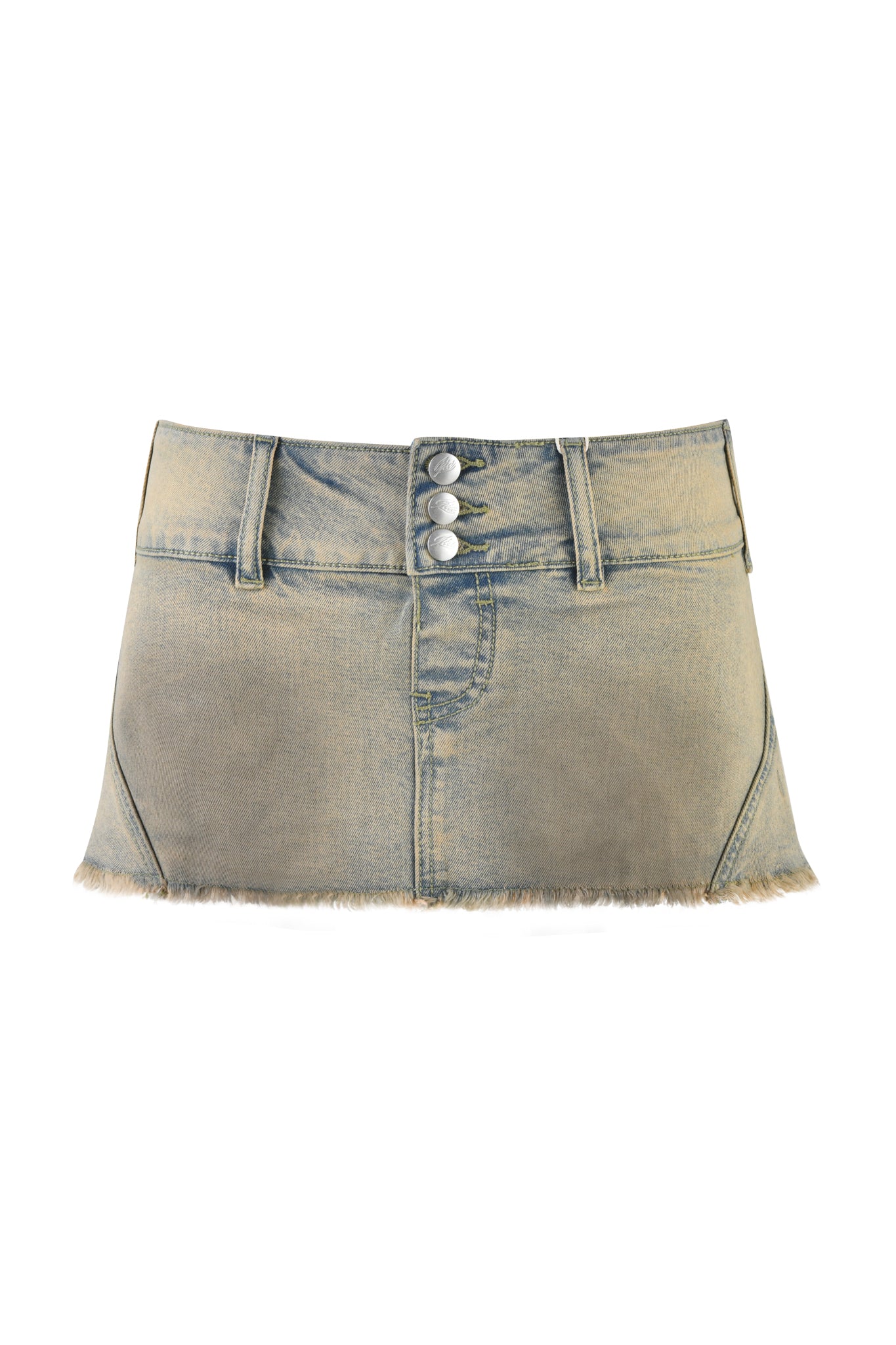 The I.AM.GIA NYKKO Skort in Tan Wash, featuring a faded look with three silver buttons, belt loops, low-rise waist, and frayed hemline, adds an edgy flair to your outfit.