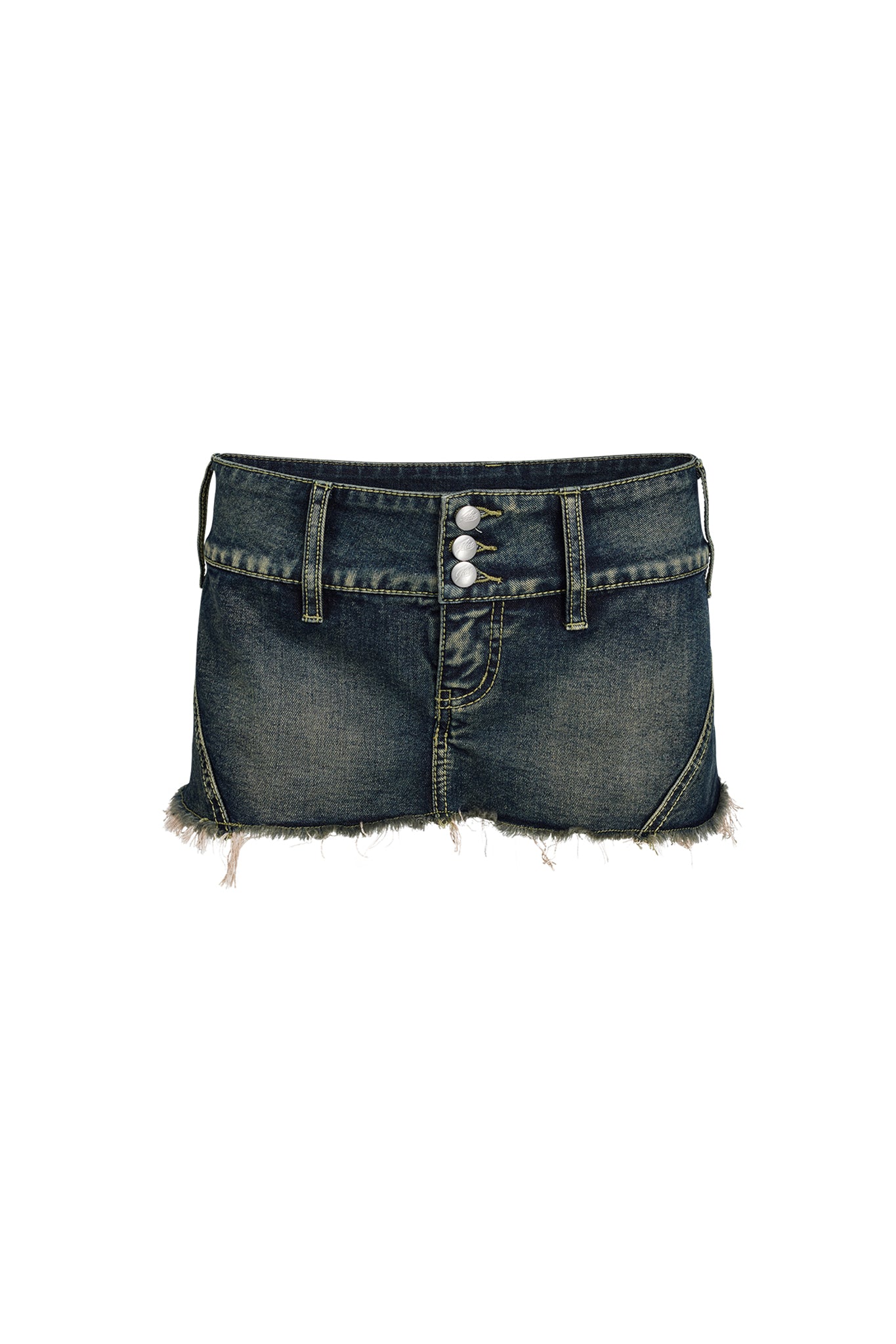 The I.AM.GIA NYKKO SKORT - BLUE : DENIM BLUE is a dark blue distressed denim mini skirt with frayed edges. It features a front closure with three metallic buttons, front pockets, and belt loops at the waist, giving it a worn and casual look.