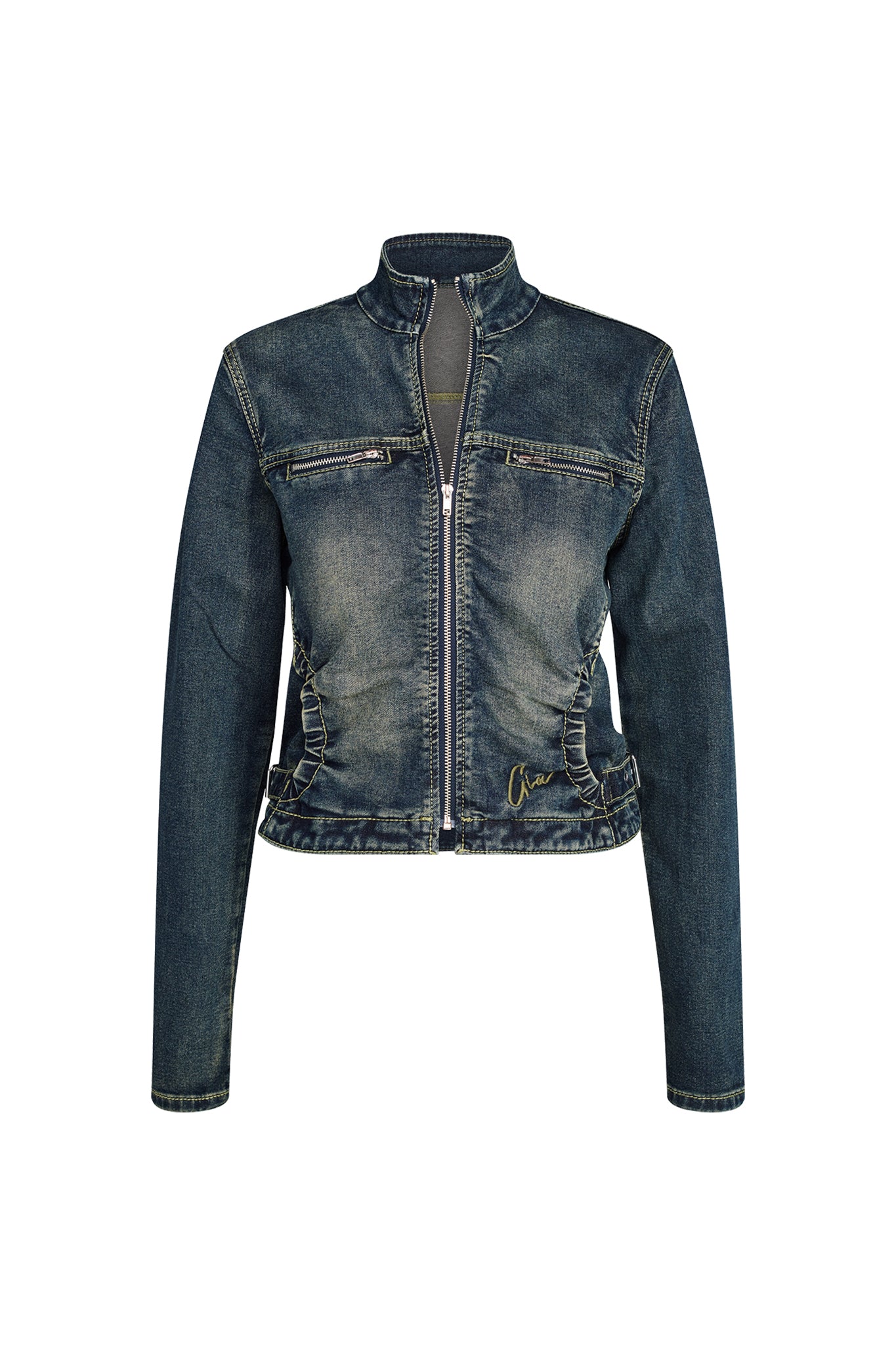 A front view of the NYKKO Jacket in Denim Blue by I.AM.GIA, featuring a front zipper closure, long sleeves, and elasticized side panels. The jacket is designed with a high collar and two front chest pockets with flap closures. The denim material showcases slight fading for a worn-in look.