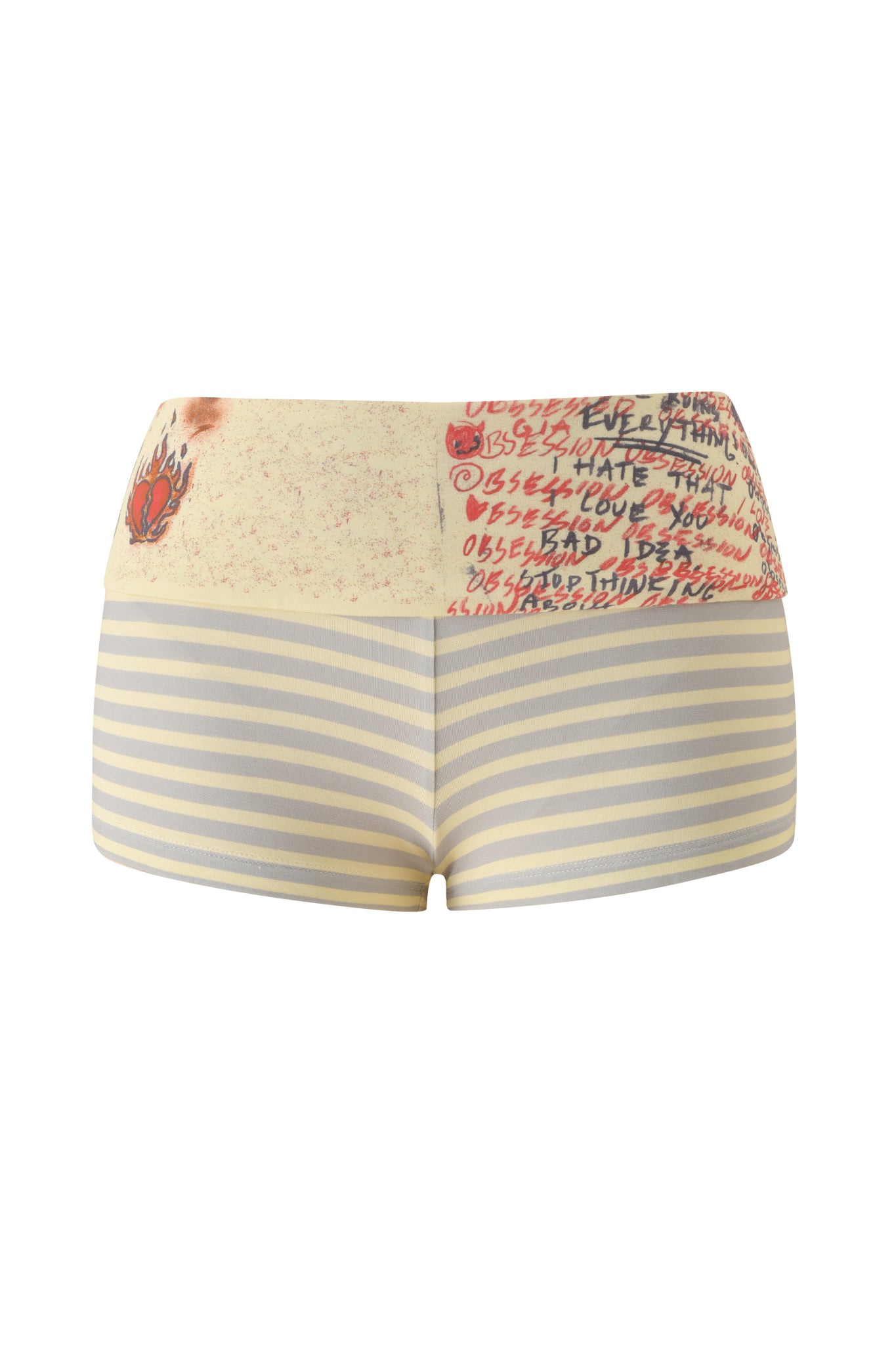 Introducing the I.AM.GIA T-REX BLARE 2.0 SHORT - YELLOW: high-waisted shorts designed in a bodycon fit for a flattering silhouette. These shorts feature beige and gray horizontal stripes, with a waistband adorned by striking red handwritten text, a flaming heart motif, and a stained vintage effect—making them the perfect statement piece for fans of the T-REX Baby collaboration.