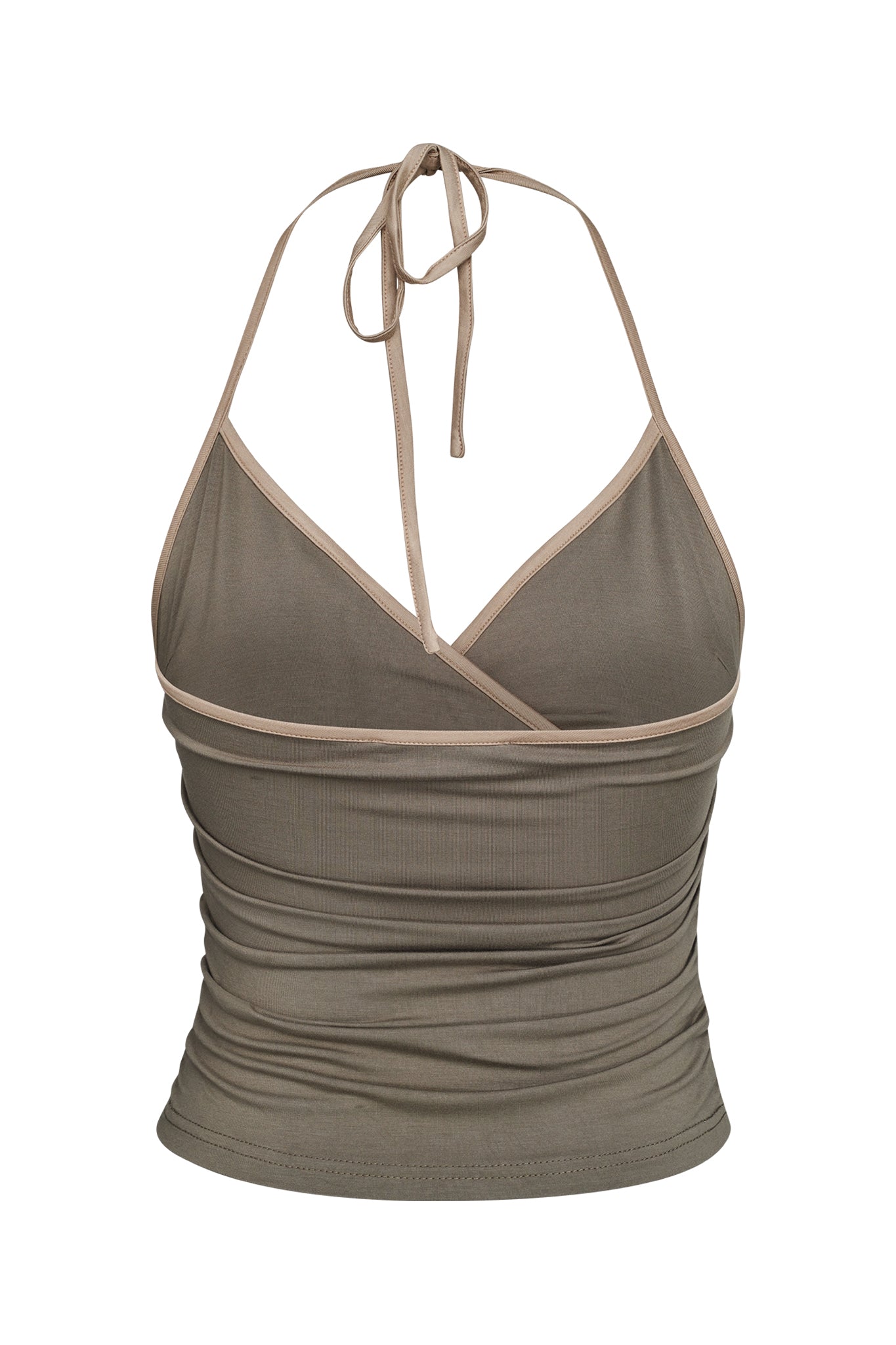 The JANNIS TANK - GREEN from I.AM.GIA is a khaki green halter neck top featuring a crisscross design at the bust. This top has a fitted silhouette and is crafted from lightweight material. It ties behind the neck with thin straps and has a slightly ruched effect on the sides.