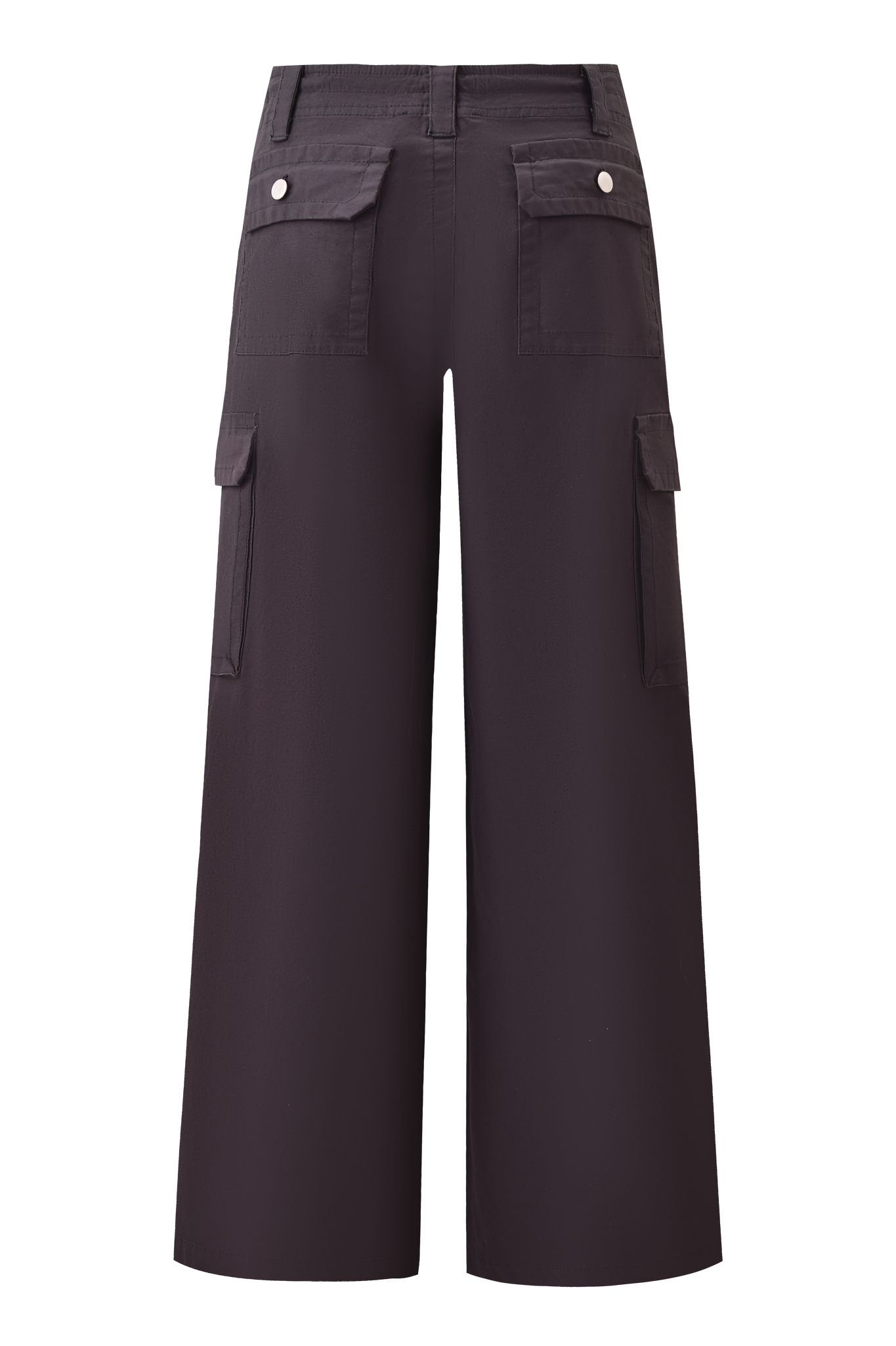 The JAXXON PANT - GREY by I.AM.GIA features a wide-leg fit, low-rise waist, flap pockets on the back and sides, belt loops, and silver buttons on the back pockets, shown against a plain background.