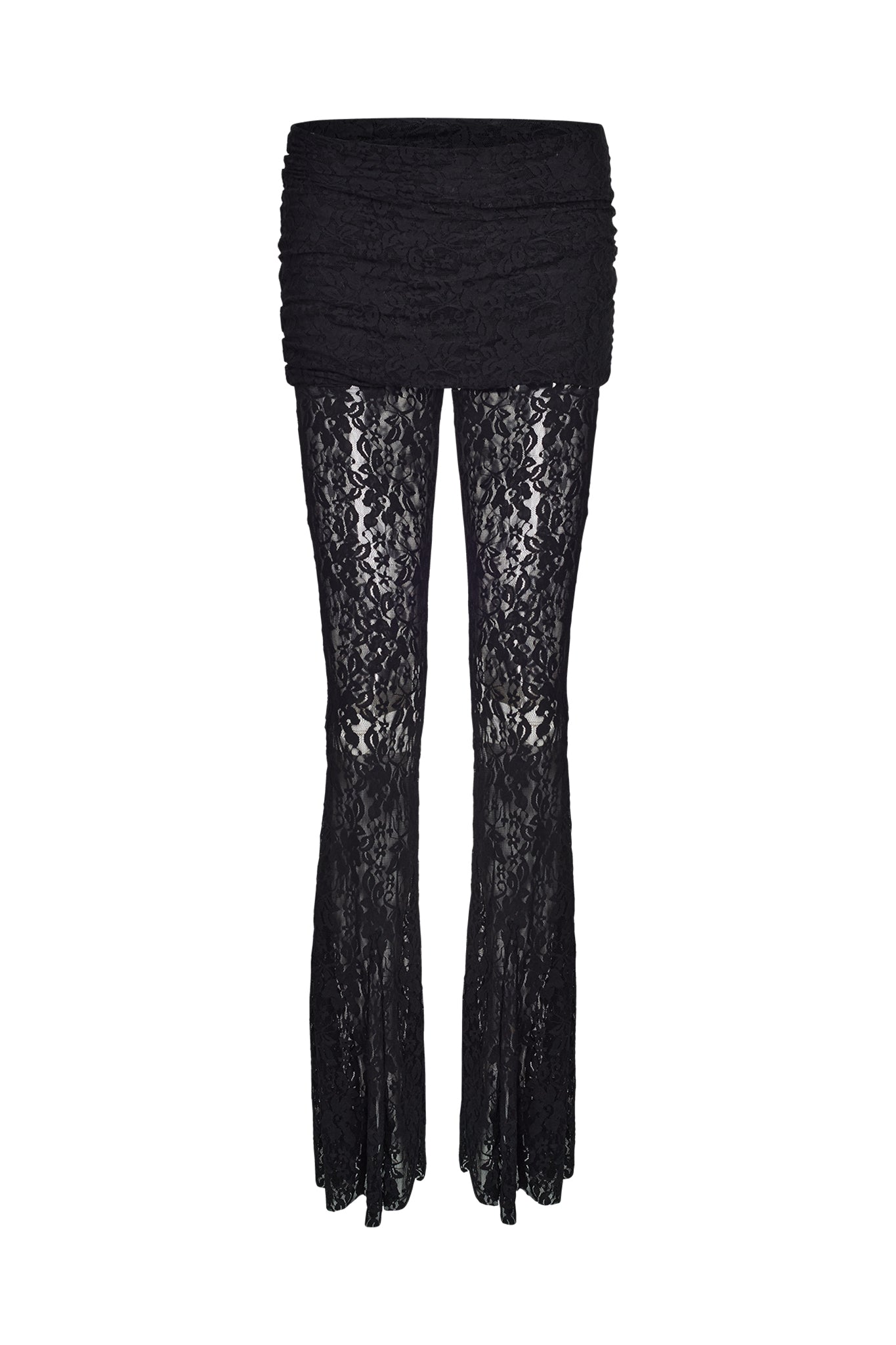 The KYLEAH PANT - BLACK : LACE by I.AM.GIA are a pair of stylish black lace bell-bottom pants featuring a low-rise waistline and a mini skirt overlay. These pants boast intricate floral lace patterns that create a see-through effect on the legs, while the skirt offers added coverage at the hips and upper thighs.