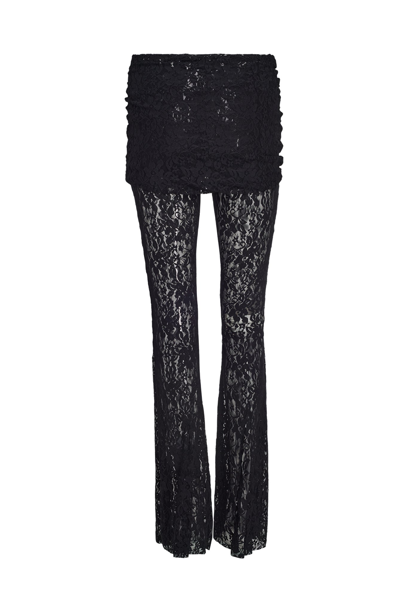 The KYLEAH PANT - BLACK : LACE by I.AM.GIA features a low-rise waistline and flared leg silhouette, showcasing intricate lace detailing throughout, and is complemented by a short, fitted lace skirt overlay at the top.