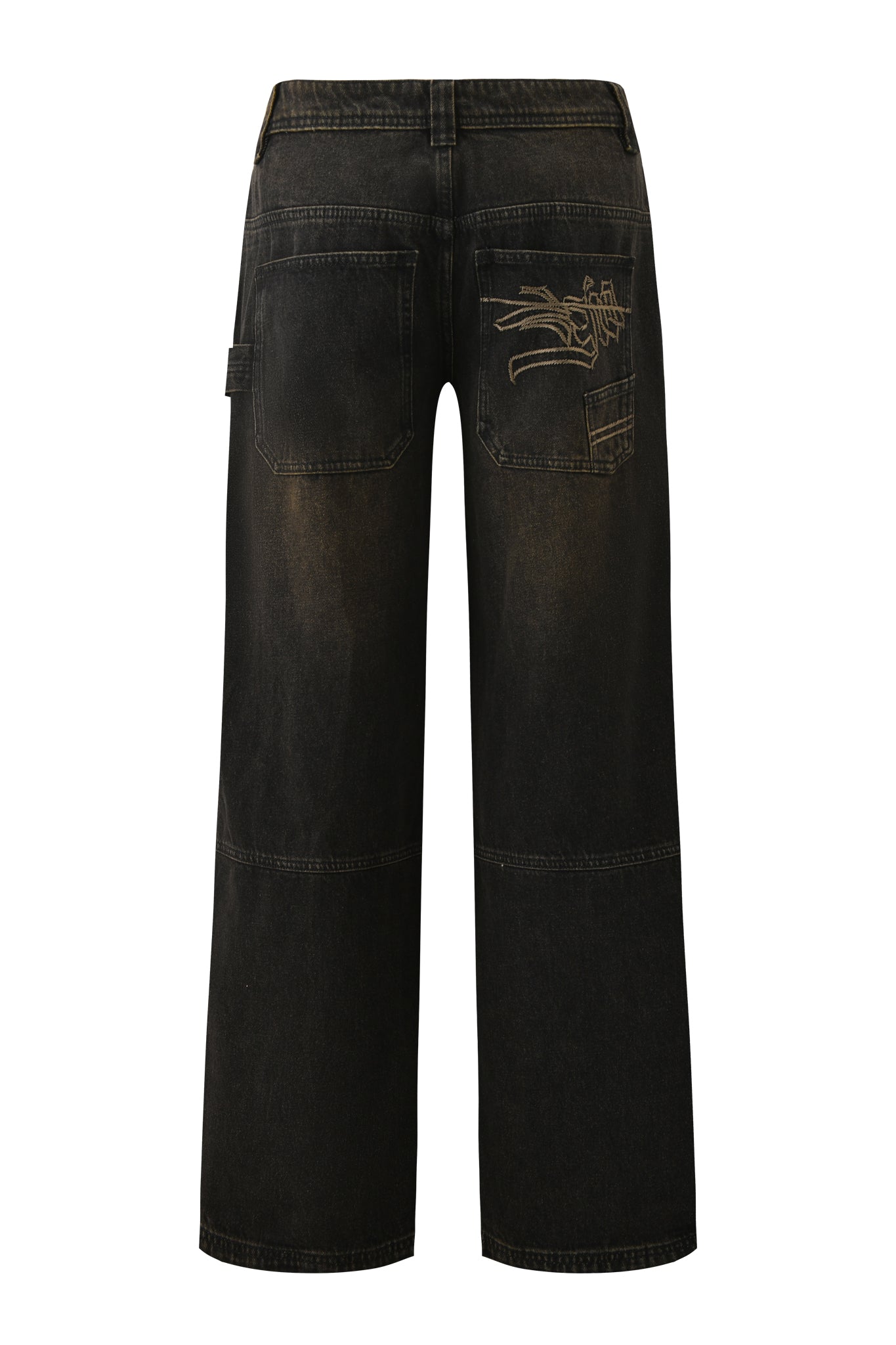 Back view of I.AM.GIA MISTY JEAN - BLACK: low-rise, faded black denim with a left tool loop, embroidered back right pocket, and a baggy, relaxed fit for casual style.