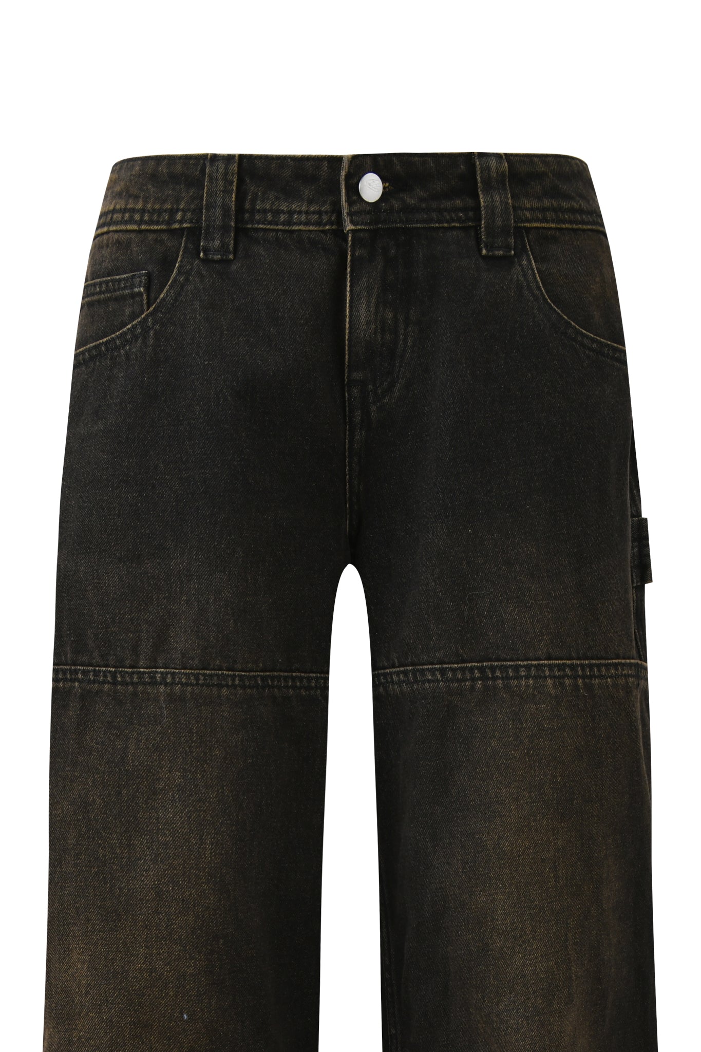 Close-up of I.AM.GIA MISTY JEAN - BLACK: front view showing slight faded effect, low rise waist, belt loops, button closure, front pockets, and knee seam detail against a white background.