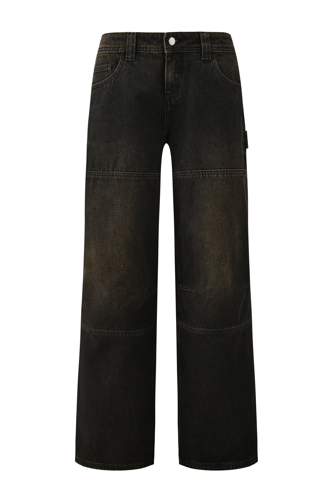 The I.AM.GIA MISTY JEAN - BLACK features a wide-leg, dark-wash baggy fit, visible horizontal knee seams, front pockets, and a button closure at the low-rise waist.