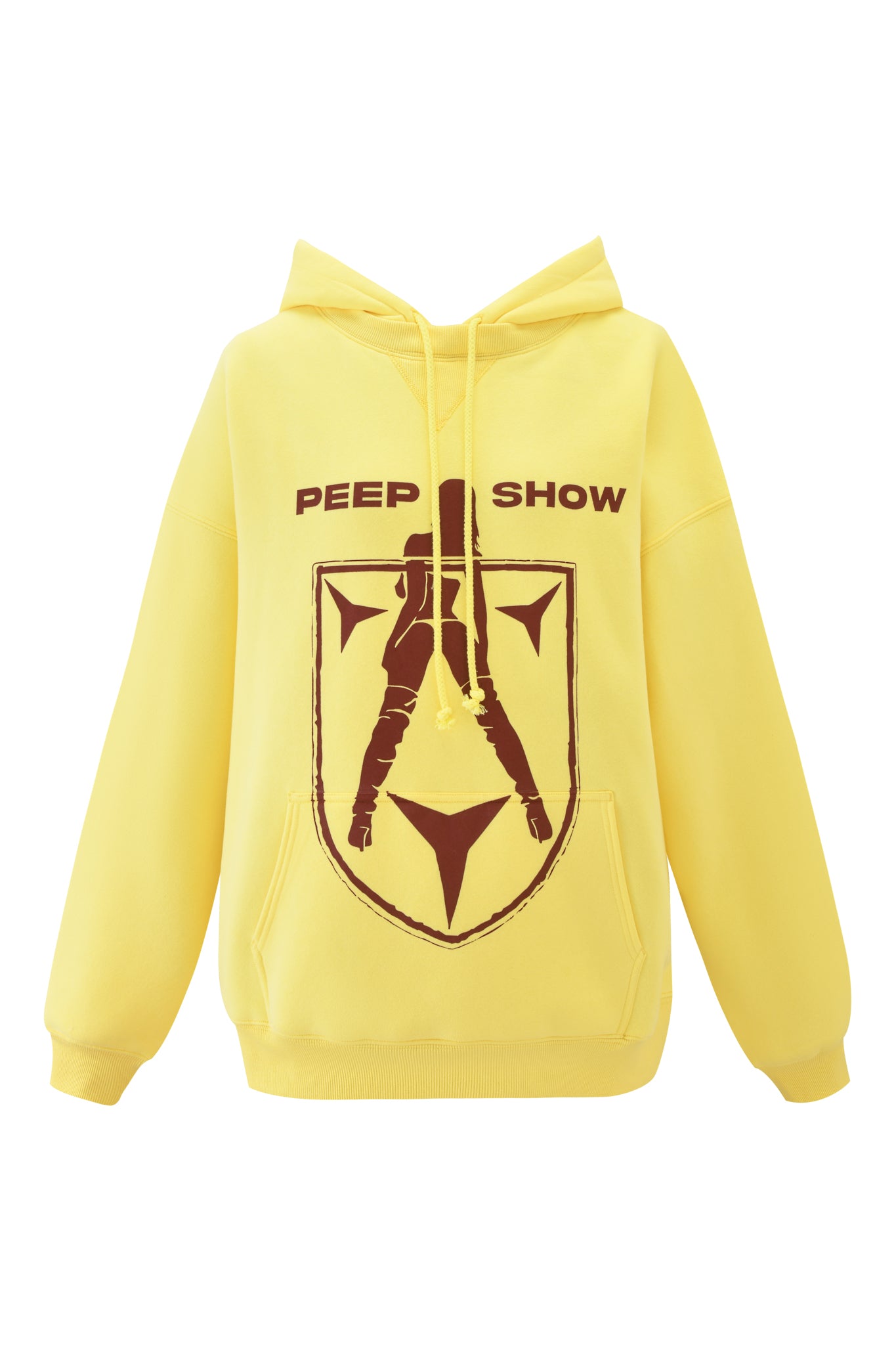 The DORIAN HOODIE - YELLOW by I.AM.GIA features an oversized fit and a bold “PEEP SHOW” graphic—showing a woman in thigh-high boots over a shield—printed across the chest for standout street style.