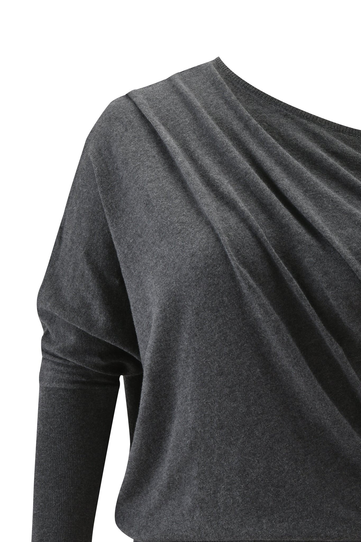 The GISELLE TOP - CHARCOAL GREY by I.AM.GIA features long sleeves and a draped, asymmetrical off-the-shoulder neckline. The upper half of this knit top is displayed against a plain white background.
