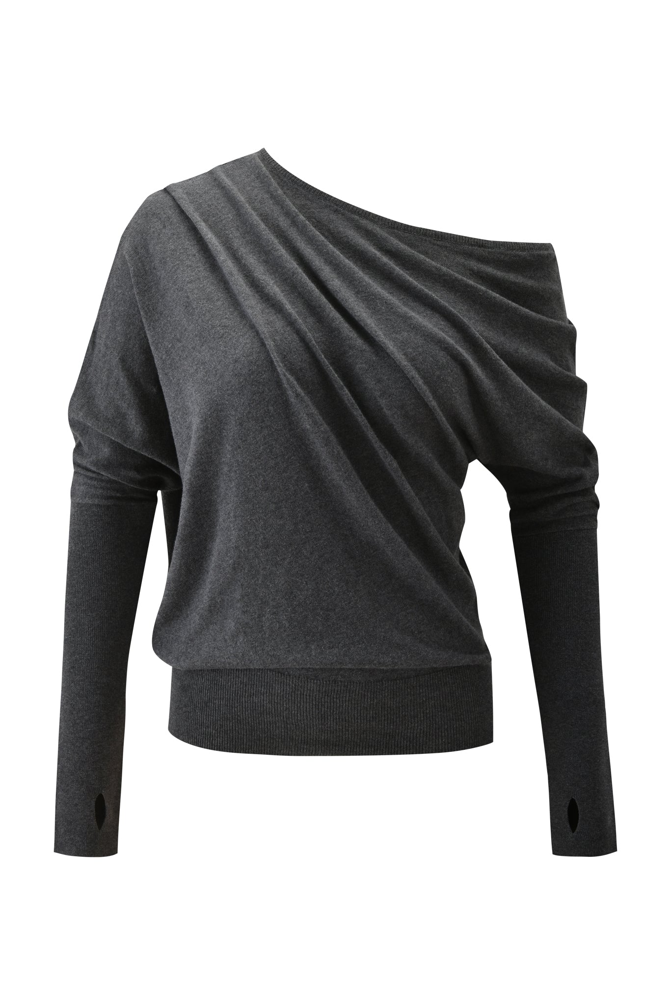 The I.AM.GIA GISELLE TOP in Charcoal Grey is a long-sleeve, off-the-shoulder knit featuring an asymmetrical neckline, draped front, and thumb holes at the cuffs, shown against a white background.
