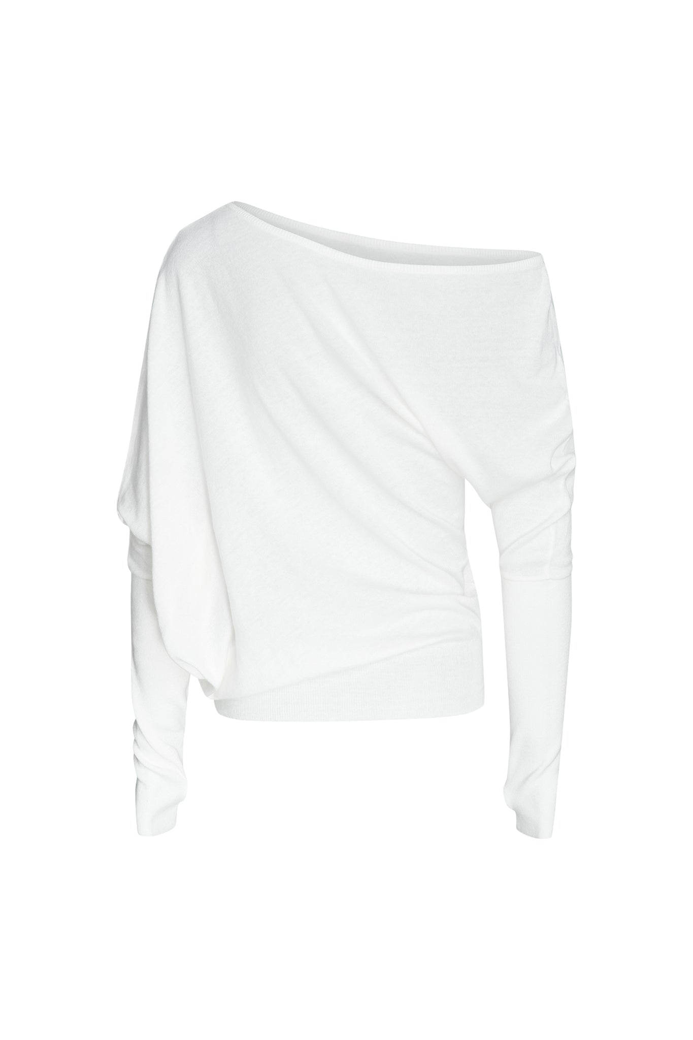 The GISELLE TOP - WHITE : CREAM by I.AM.GIA is a white off-the-shoulder long-sleeve top with thumb holes, featuring a loose, draped fit on one side and a more fitted sleeve on the other. The fabric appears soft and lightweight, making it suitable for both casual and slightly dressy occasions.