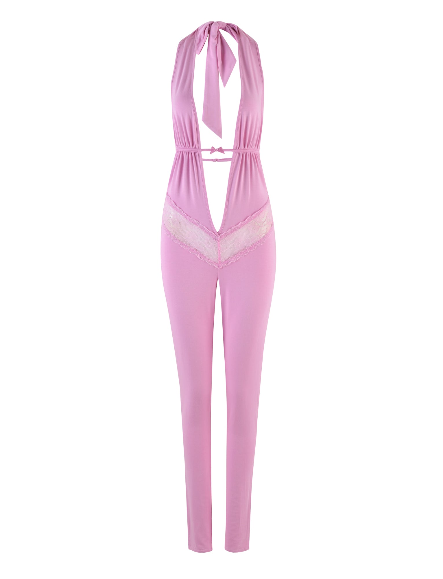 The ASTORA JUMPSUIT - PINK by I.AM.GIA features a halter-neck design with a deep V neckline and lace detailing at the waist. It includes a tie at the back of the neck and has a fitted silhouette that extends to full-length pants.