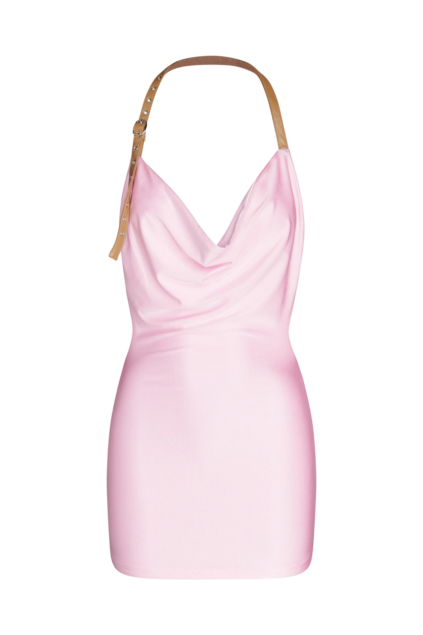 A sleek and fitted mini dress from I.AM.GIA, the MAIRE DRESS in Baby Pink features a light pink hue, a sleeveless design with a draped neckline, and a tan leather strap over one shoulder. Its smooth, shiny fabric texture adds to its sophisticated appeal.