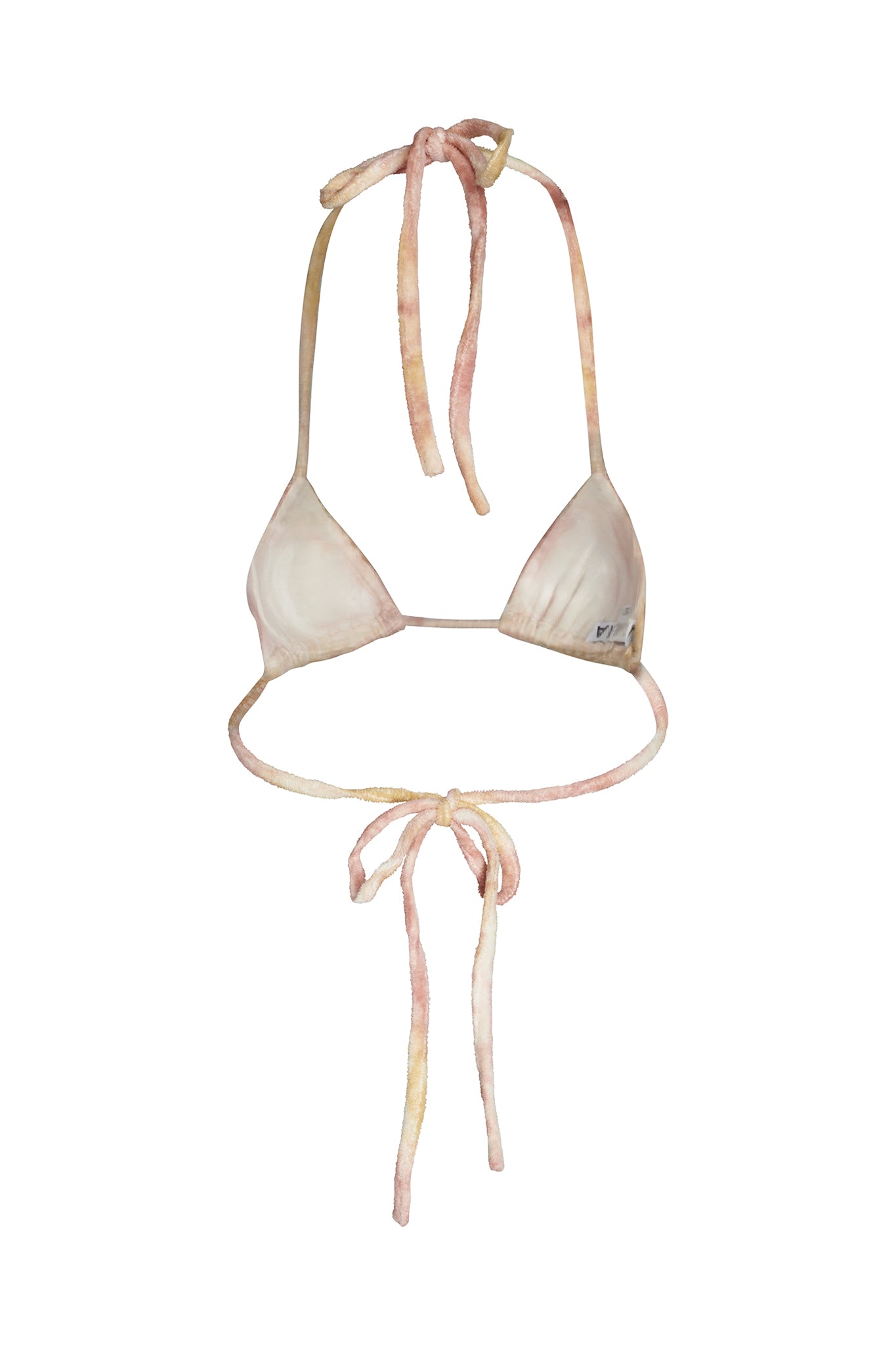 The NARELLA VELOUR TOP - NEUTRAL : TIE DYE from I.AM.GIA is displayed. This pastel-colored, tie-dye bikini top features thin straps that tie behind the neck and back, with small triangular fabric cups. The top has a soft, faded color palette of pink, peach, and light beige tones.