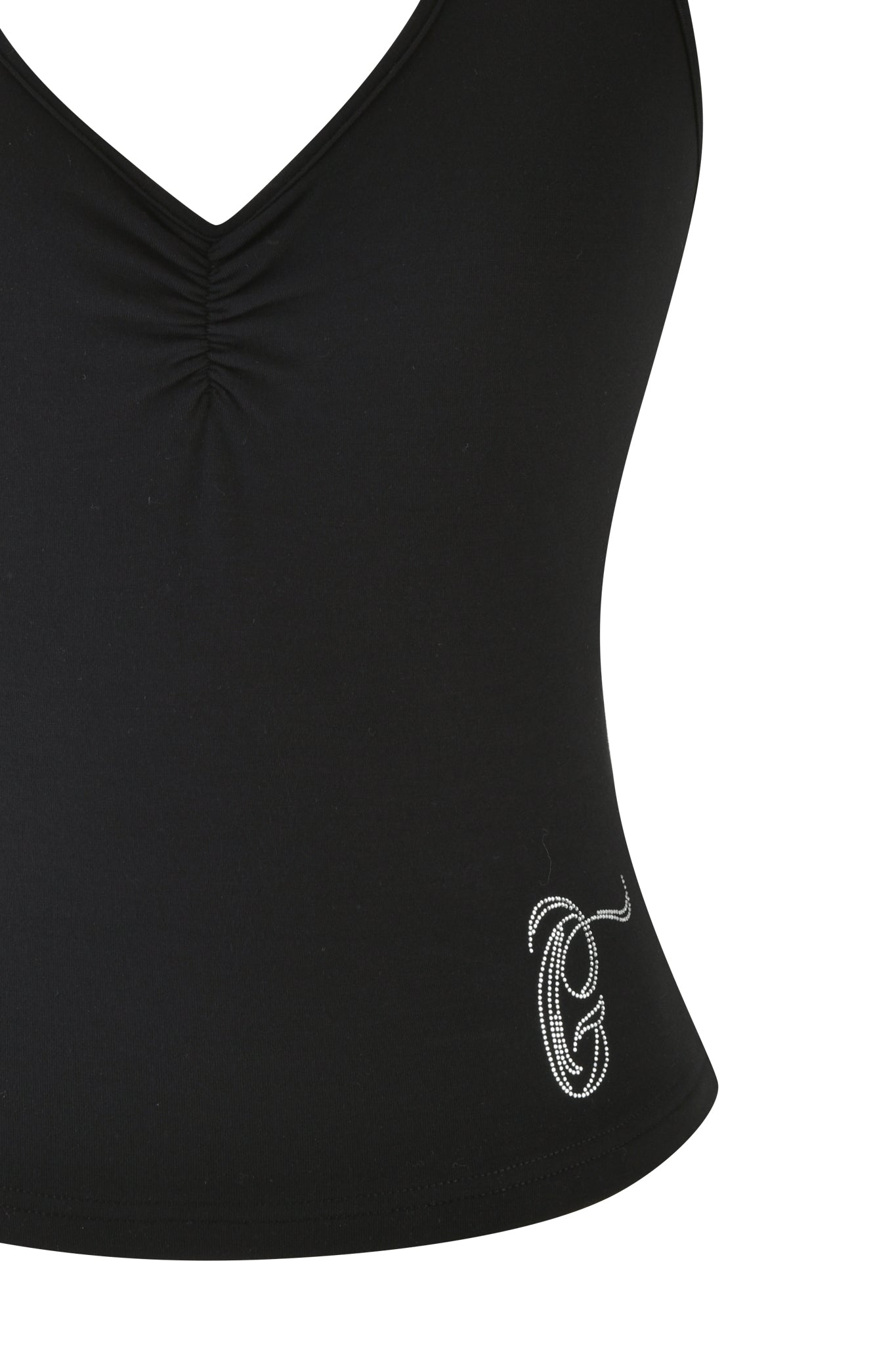 The CELESTE TOP - BLACK by I.AM.GIA is a sleeveless top with a ruched neckline and a bodycon silhouette, highlighted by an embellished "C" in decorative script on the lower side for an elegant finish.