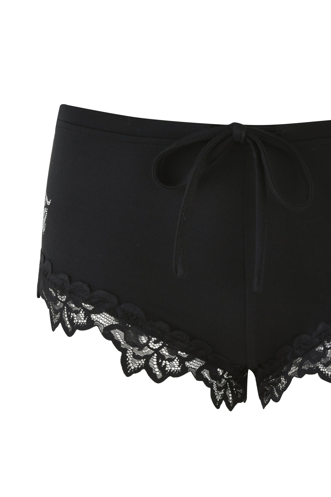 The CELESTE SHORT in black from I.AM.GIA features a bodycon silhouette, delicate lace trim, and a charming bow at the waistband.