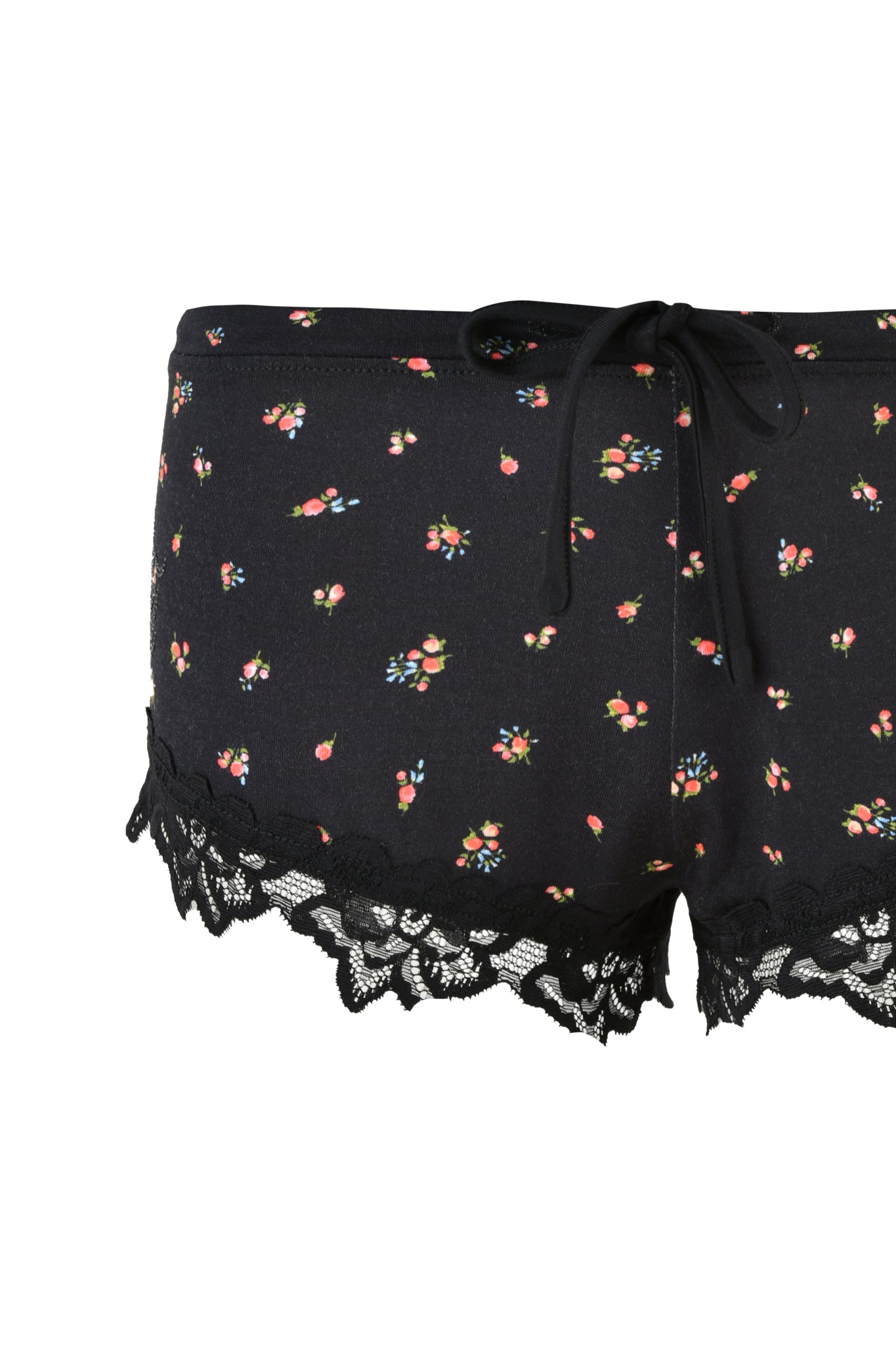 The CELESTE SHORT - BLACK : DITSY FLORAL by I.AM.GIA features a micro mini length with floral patterns and lace trim. The black sleep shorts include a drawstring waistband for added comfort.