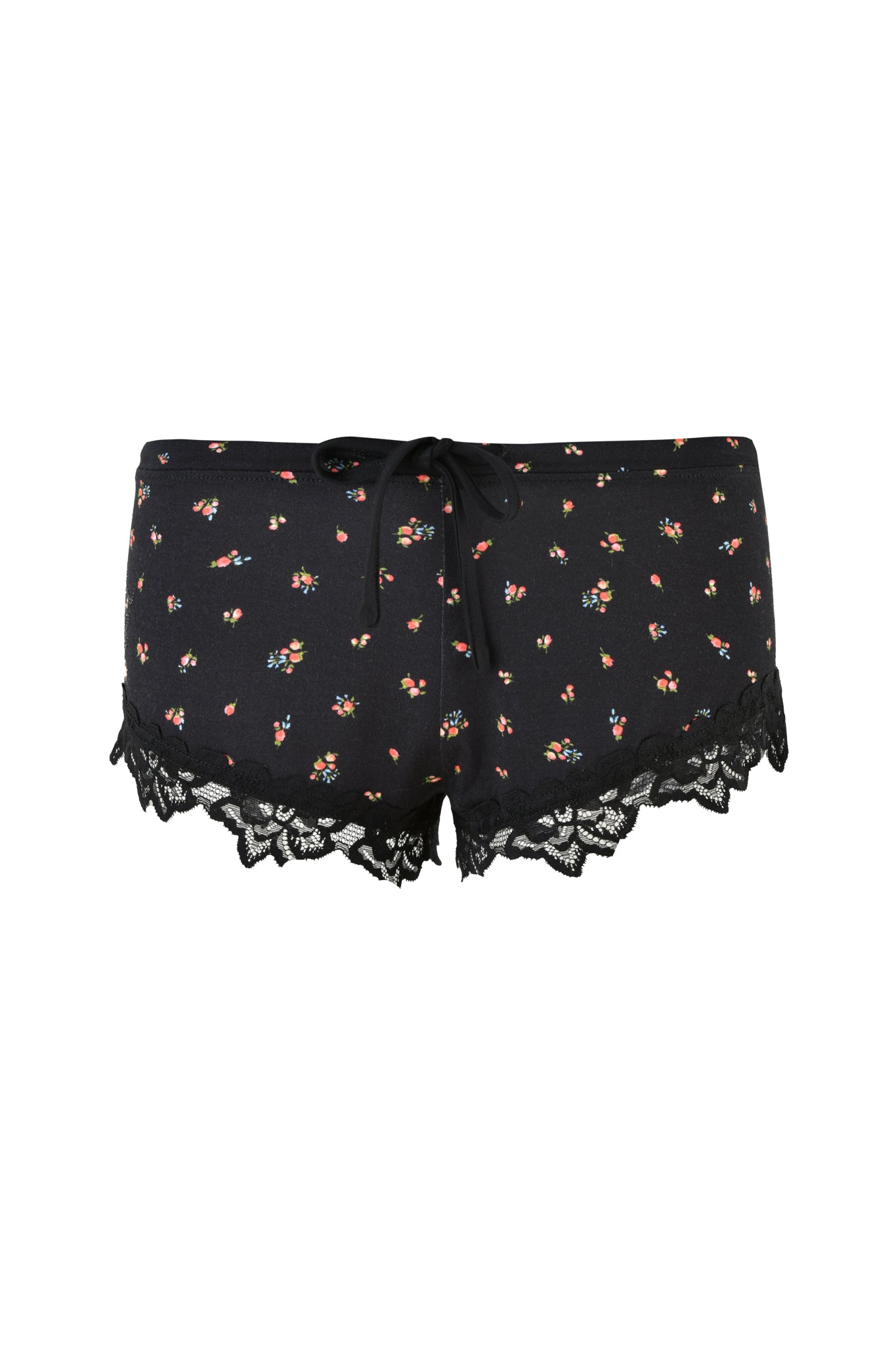 The CELESTE SHORT - BLACK : DITSY FLORAL by I.AM.GIA features a vibrant floral print, black colorway, drawstring waist bow, and feminine micro mini length with delicate lace trim.
