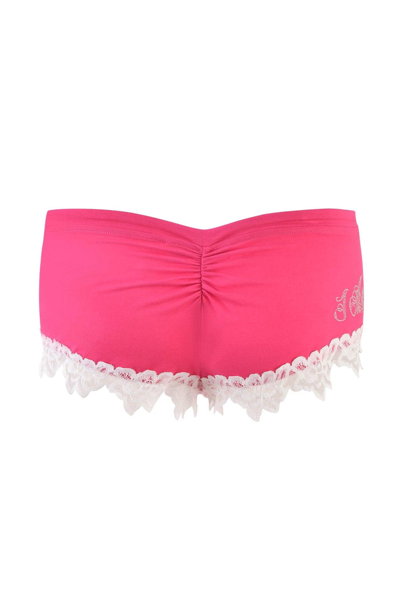 A pair of hot pink I.AM.GIA CELESTE SHORTs featuring a white lace trim at the bottom. Adorned with decorative white floral embroidery on one side, the fabric is gathered slightly at the center of the back, offering both comfort and style.