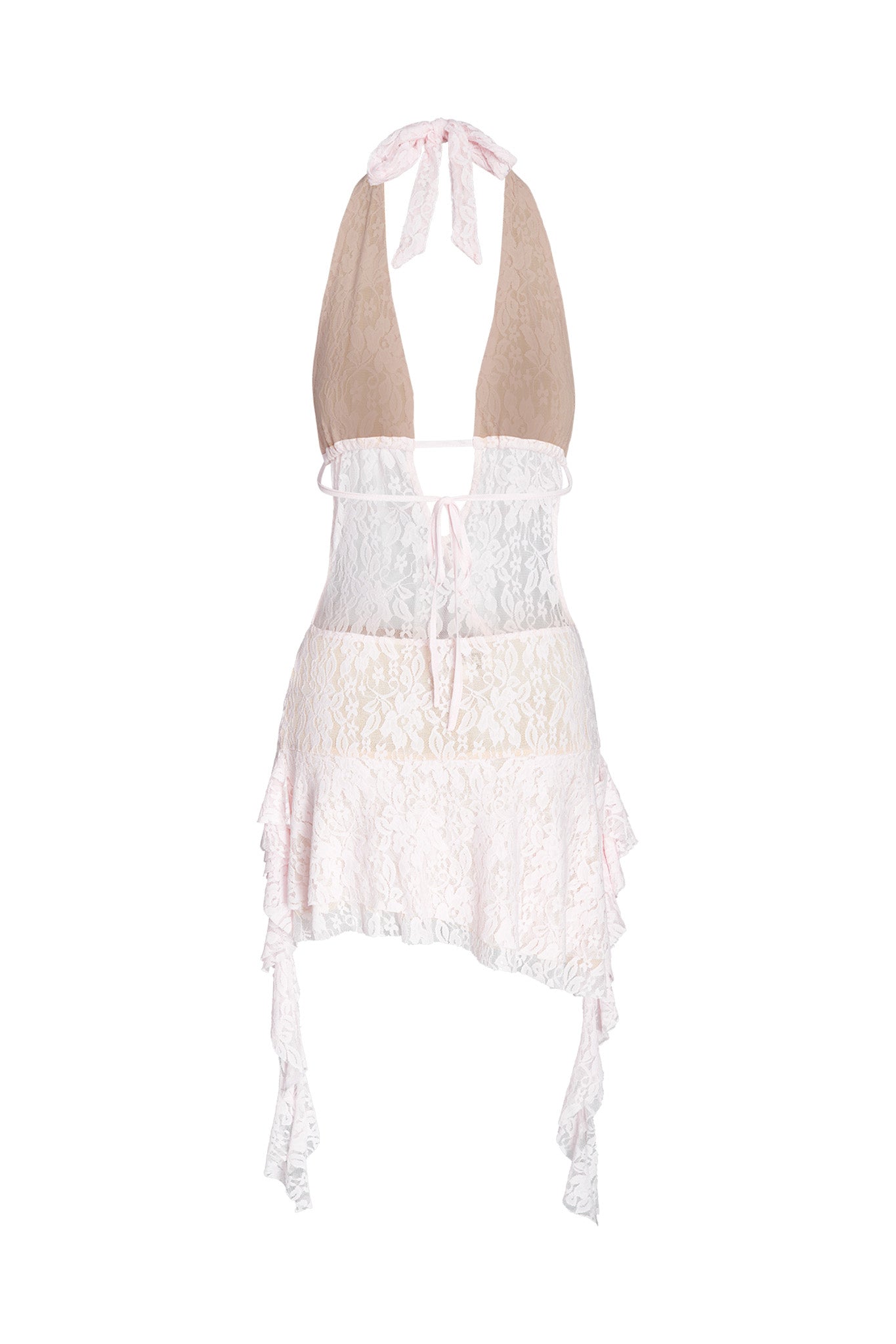 The IRISIA LACE DRESS - PINK from I.AM.GIA is a delicate, baby pink lace dress featuring soft pink and white hues. It showcases a plunging neckline, an adjustable underbust drawstring, a tie at the back of the neck, a pink ribbon at the waist, and an asymmetrical, flowy, ruffled hem.