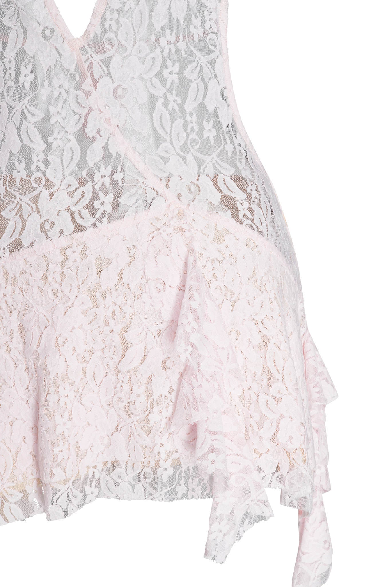 A close-up view of the IRISIA LACE DRESS - PINK by I.AM.GIA, showcasing its V-neckline. This baby pink dress features intricate white and light pink floral lace patterns, complemented by a delicate and feminine layered, asymmetrical hemline.