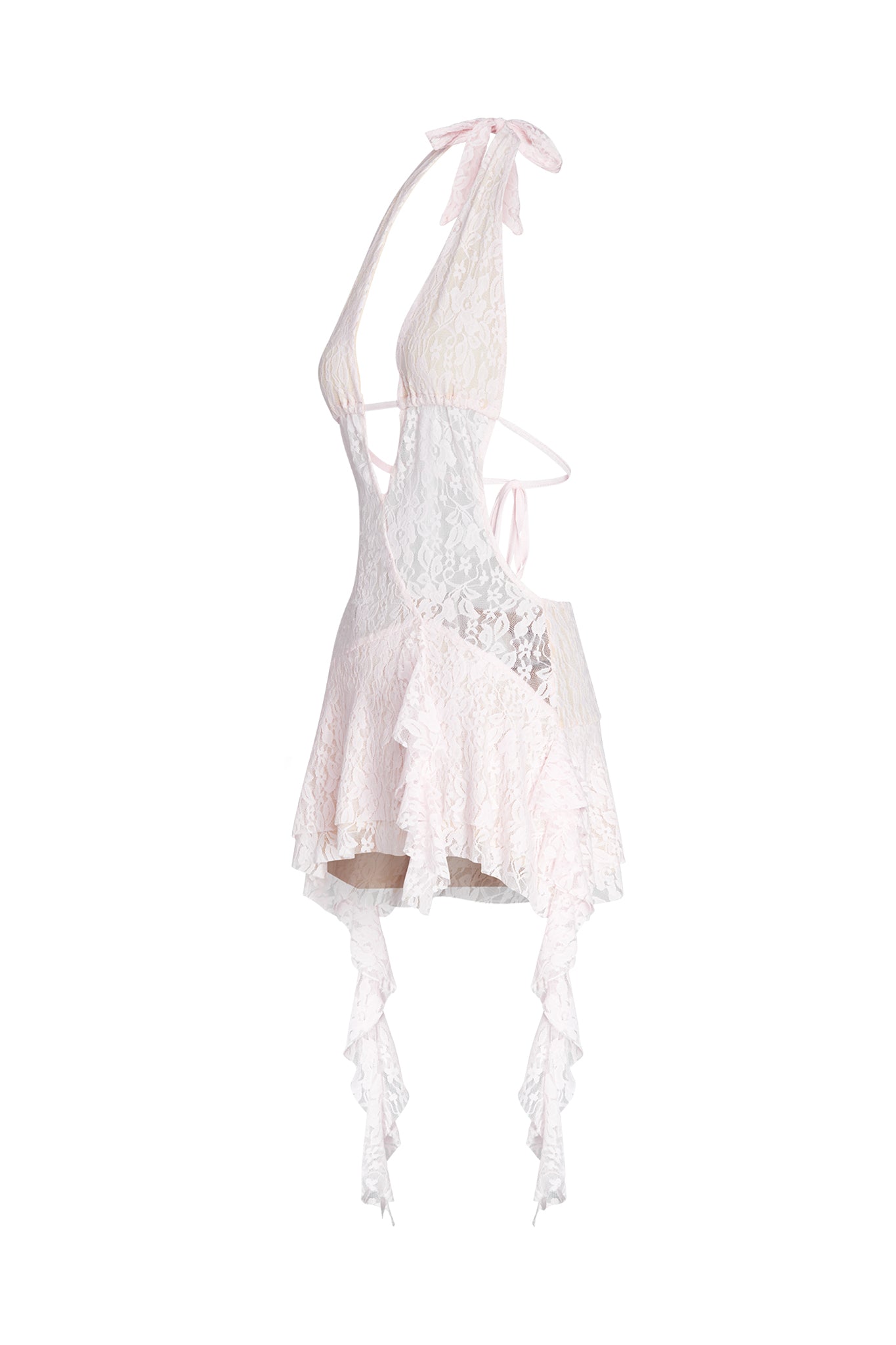 The IRISIA LACE DRESS - PINK by I.AM.GIA is a delicate, sleeveless lace dress in baby pink, featuring an asymmetrical hemline in light pink and white. It comes with a halter neckline with ribbon ties, cutout details along the waist, and a plunging backless design that drapes into cascading fabric at the bottom.