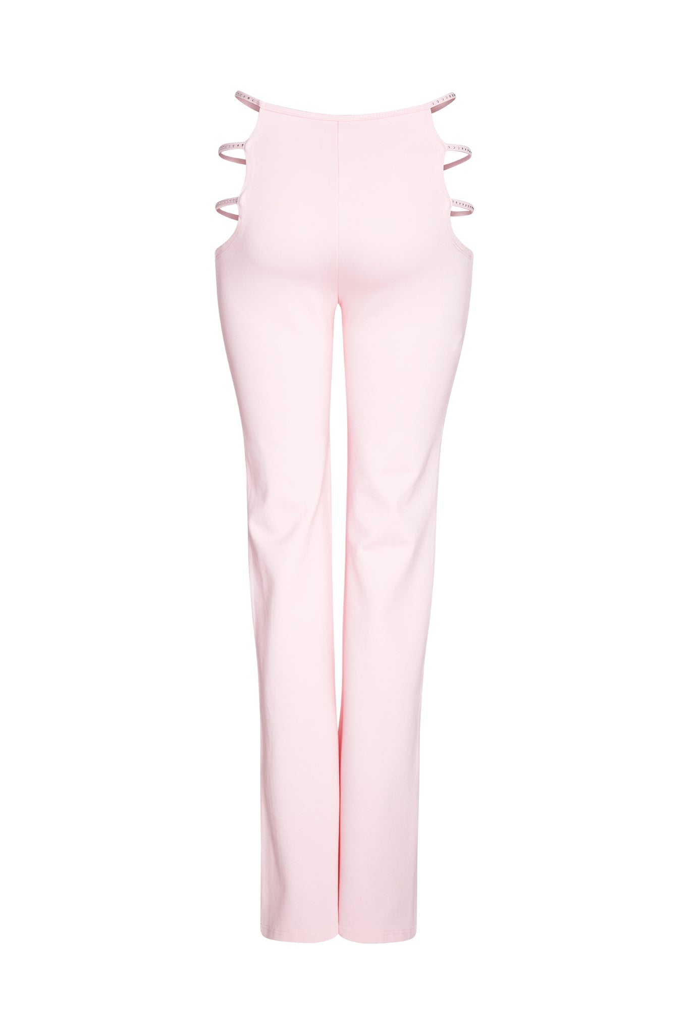 Back view of the ROXANNA PANT - PINK (BABY PINK) by I.AM.GIA, featuring a high-waisted, straight-leg fit. These stylish and trendy pants showcase three slim strap cutouts on each side of the hips, with a smooth and slightly stretchy fabric.