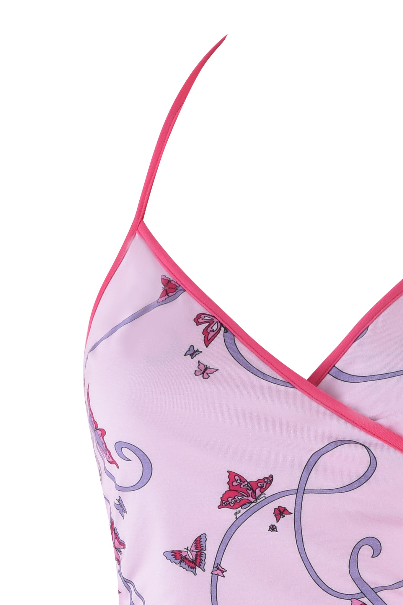 Close-up of a pink Jannis Tank from I.AM.GIA, featuring butterfly ribbon print and swirl pattern. This spaghetti strap top has a V-neckline with bright pink trim and is crafted from sheer bamboo, showcasing the design's details.