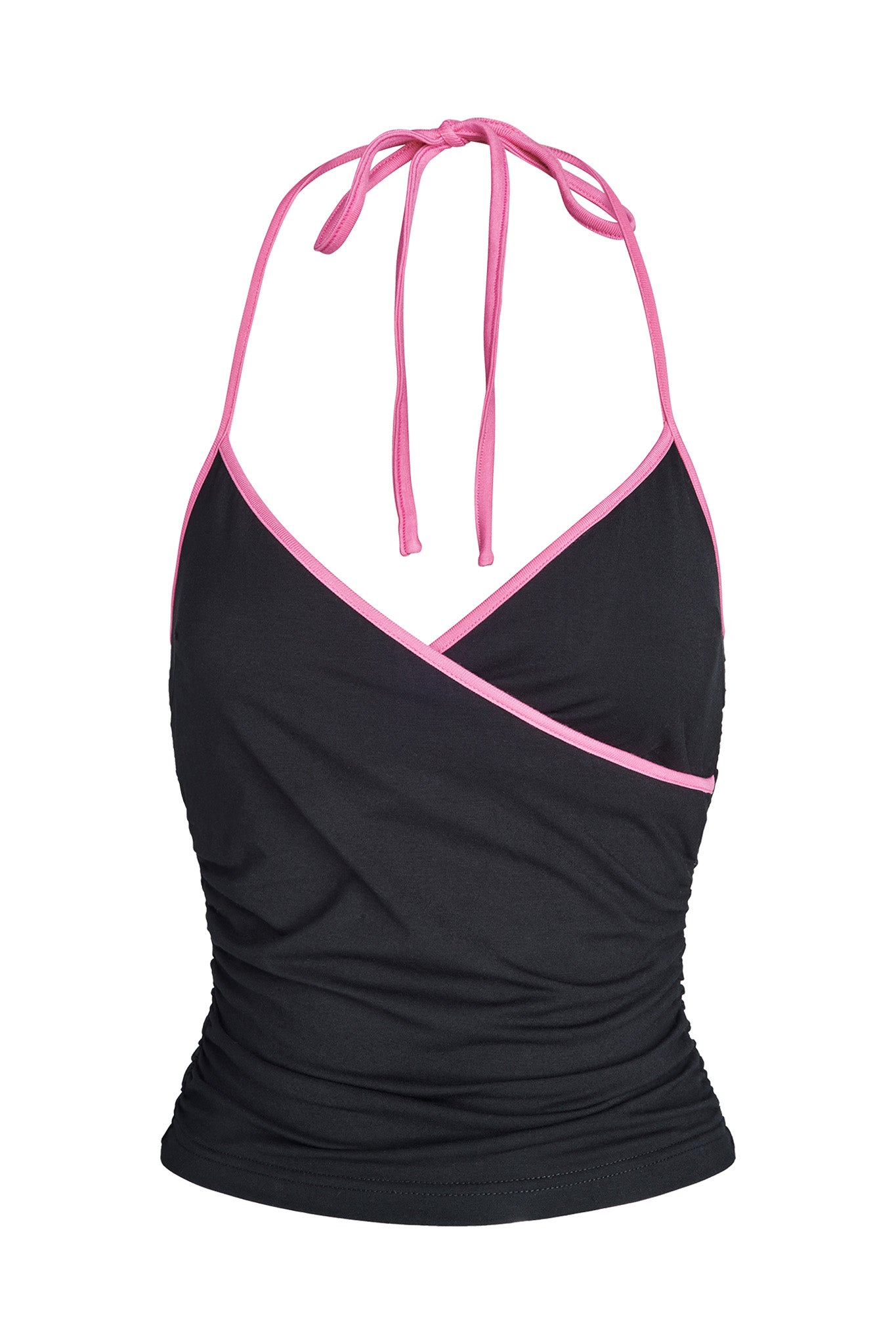 The JANNIS TANK - BLACK/PINK by I.AM.GIA is a black halter-neck tank top that boasts pink straps and edging. It features a stylish crisscross design at the front and ruched detailing on the sides.