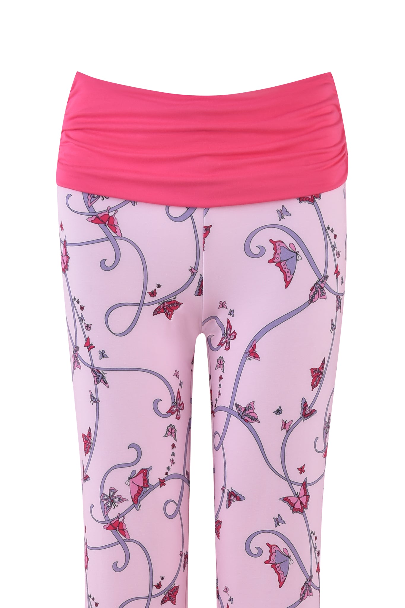 The JANNIS PANT - PINK by I.AM.GIA showcases a butterfly ribbon print with swirls and has a solid bright pink waistband.