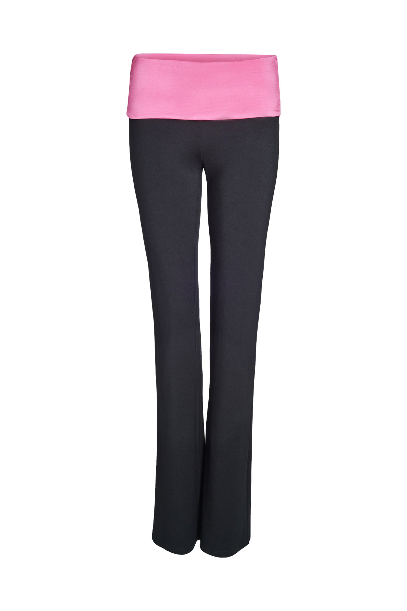The JANNIS PANT - BLACK/PINK from I.AM.GIA showcases flared legs and features a wide, pink waistband, presented against a white background.
