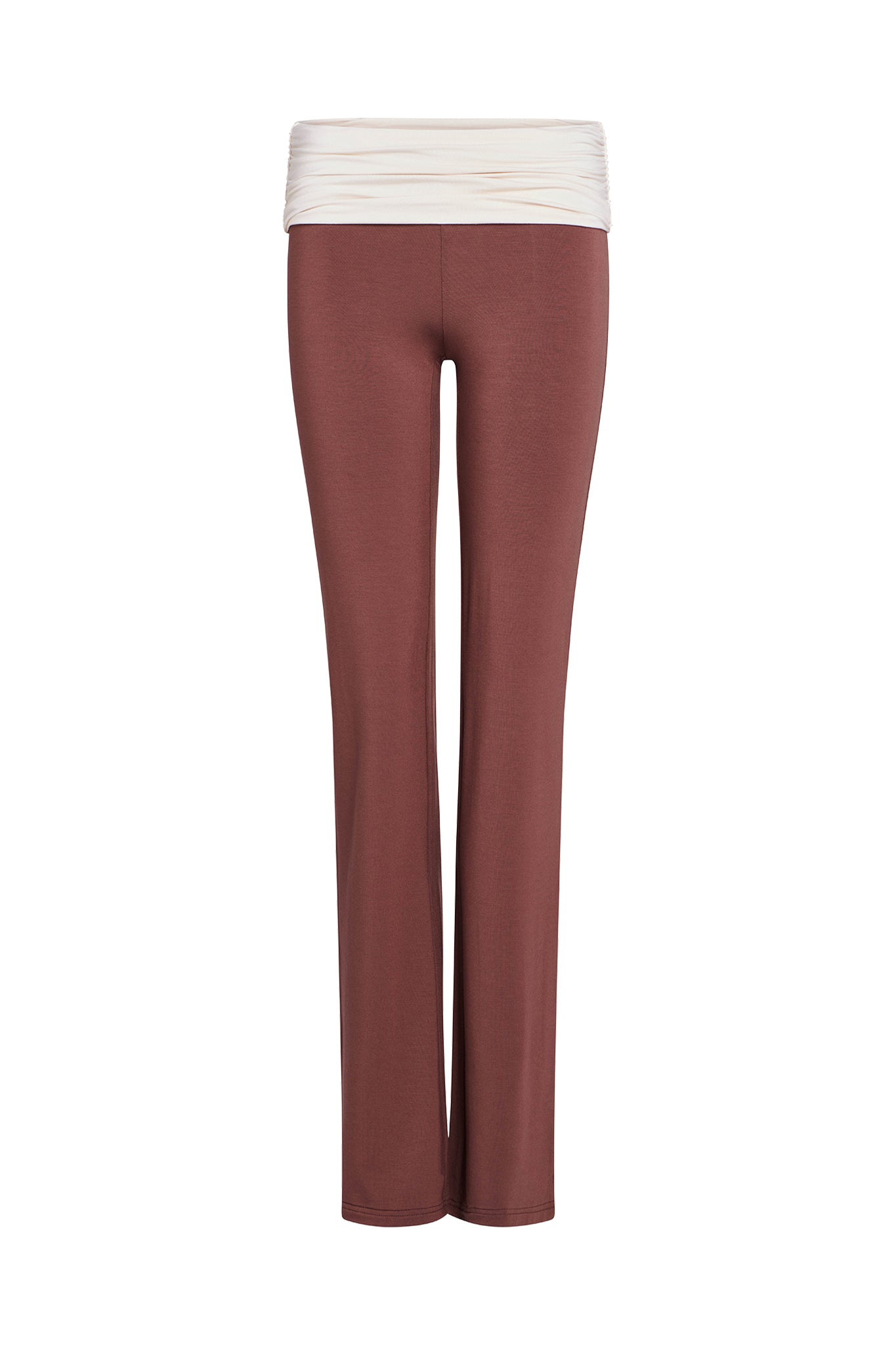 The JANNIS PANT - BROWN : CHOCOLATE by I.AM.GIA is a pair of chocolate brown yoga pants with a contrasting white fold-over waistband. Made from bamboo fabrication, these full-length, straight-leg pants offer a comfortable and flexible fit.