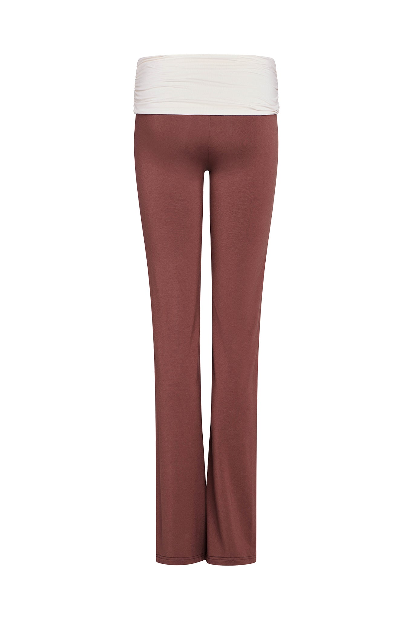 The JANNIS PANT - BROWN : CHOCOLATE by I.AM.GIA features a wide, white waistband and straight-leg design. These high-quality yoga pants, crafted from bamboo fabrication, are showcased on a plain white background.