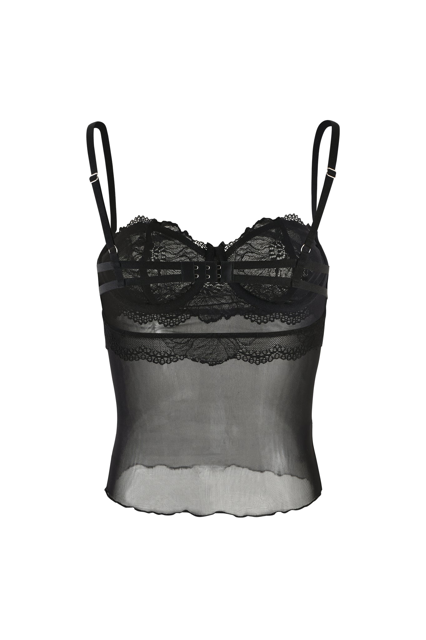 The I.AM.GIA SILO TOP in black is a sheer camisole featuring lace detailing, adjustable spaghetti straps, a bow accent at the center front, and a scalloped hem. The bodice includes horizontal bands of opaque fabric for added detail.