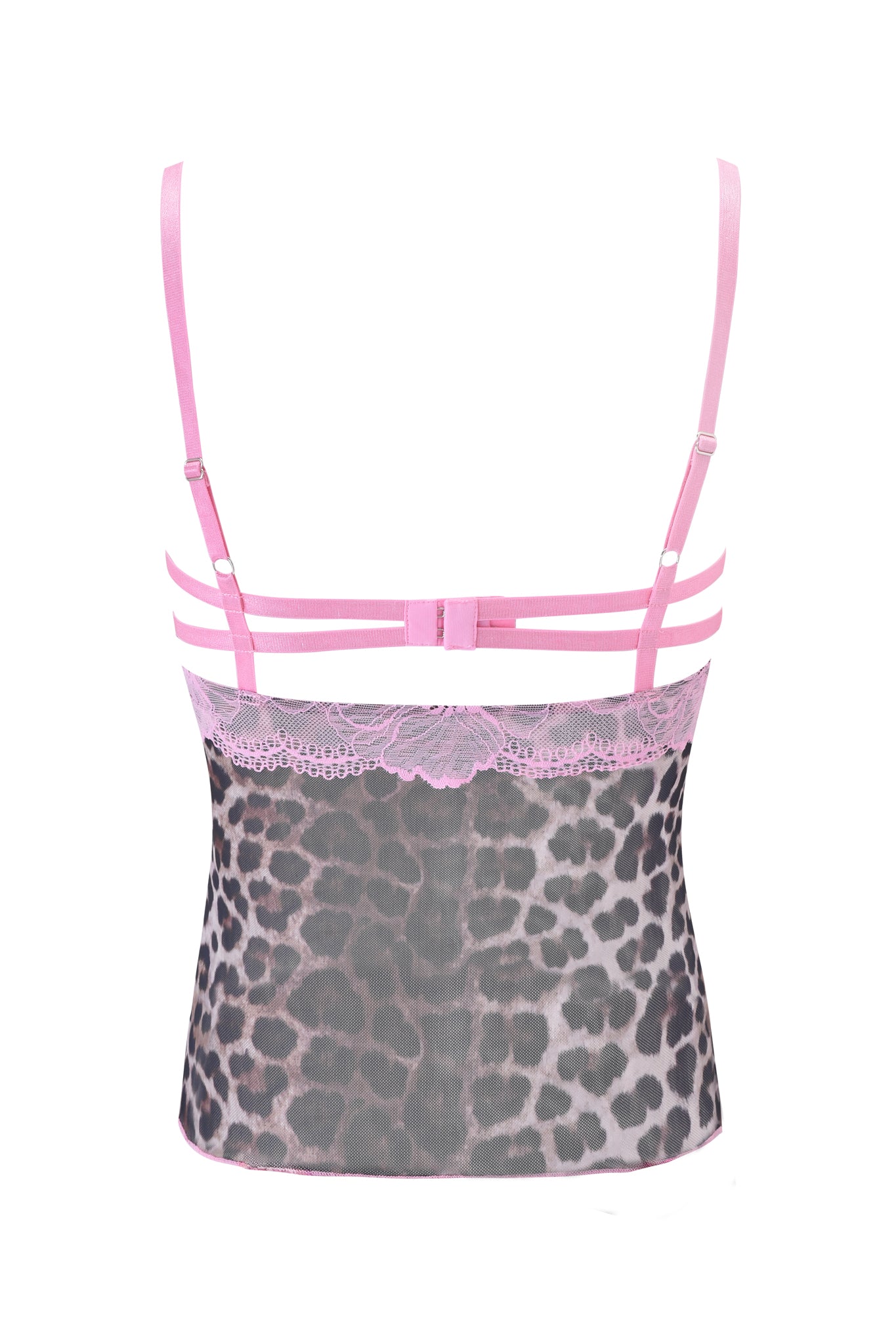 The I.AM.GIA SILO TOP - CLASSIC LEOPARD features a back view with pink adjustable straps and bands, pink lace trim, and sheer leopard print mesh on the lower half.