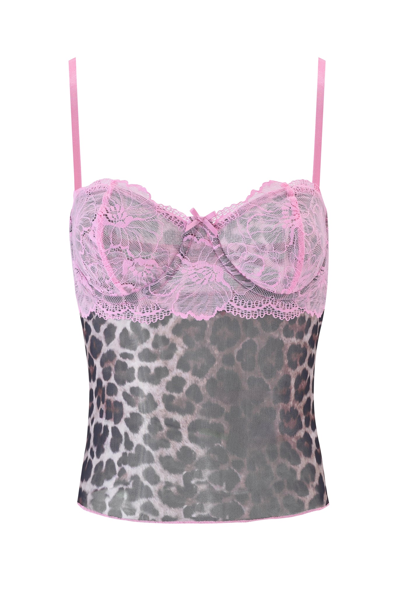 The I.AM.GIA SILO TOP - CLASSIC LEOPARD is a women's camisole with pink lace on the bust, thin adjustable pink straps, and a bold grey leopard print on the lower half.