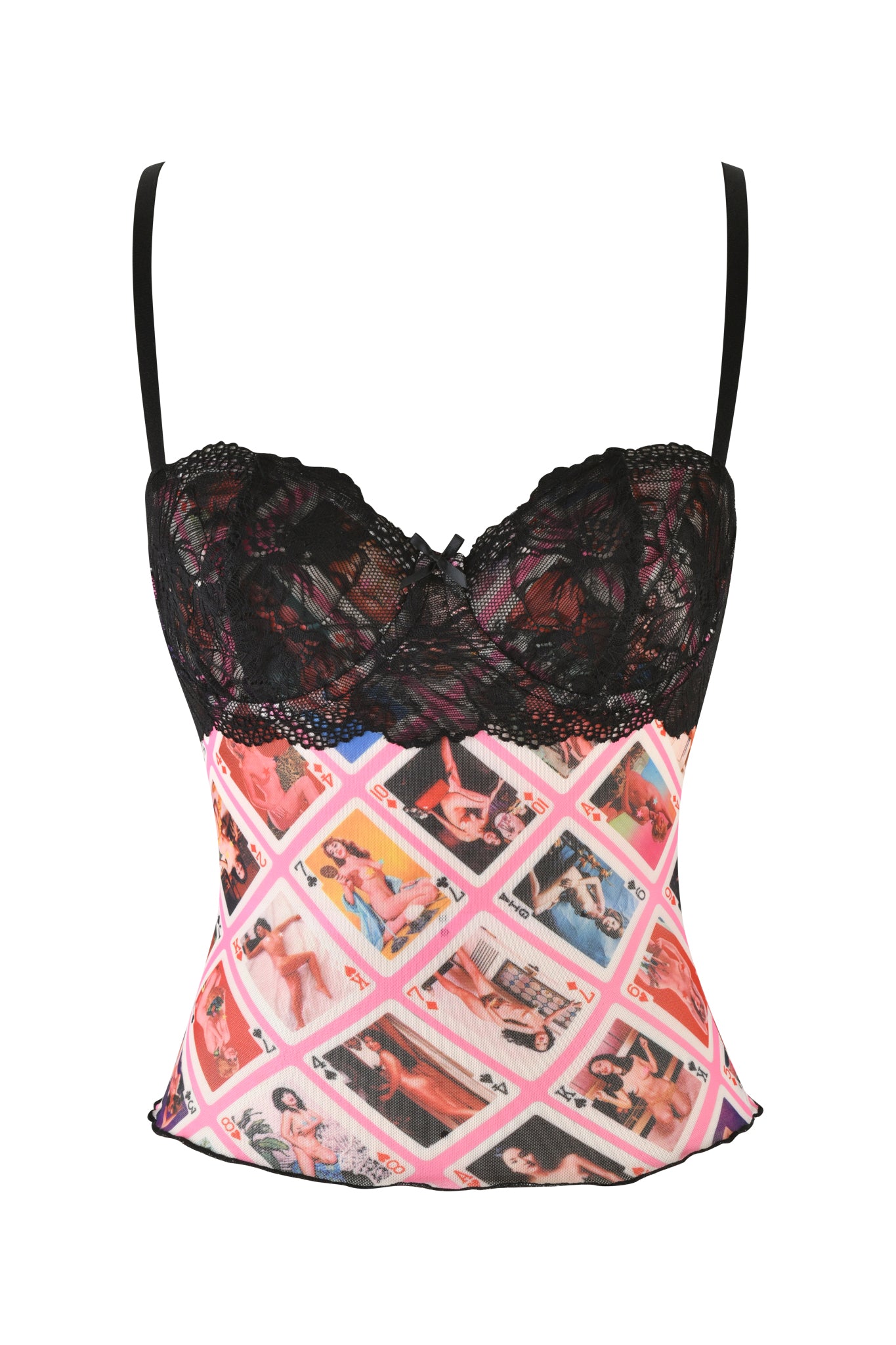 The SILO TOP - MULTI : GIA FACE CARD by I.AM.GIA features black lace cups, adjustable straps, and a vibrant vintage-style pin-up photo collage on a pink background.