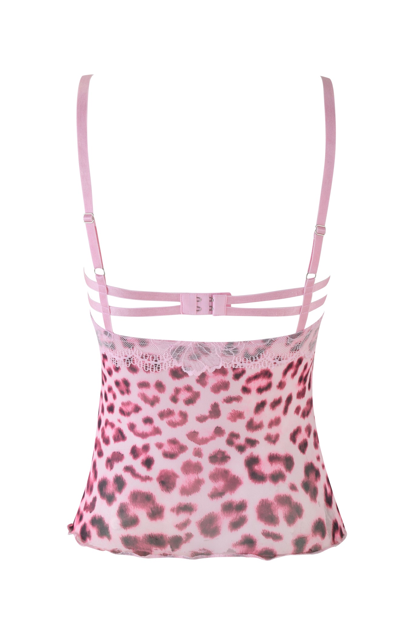 The SILO TOP from I.AM.GIA, in a pink leopard print, features a back view highlighting delicate lace trim and adjustable straps. This bodycon fit design is enhanced by multiple horizontal strap details across the back, showcasing its mesh fabrication for added style.