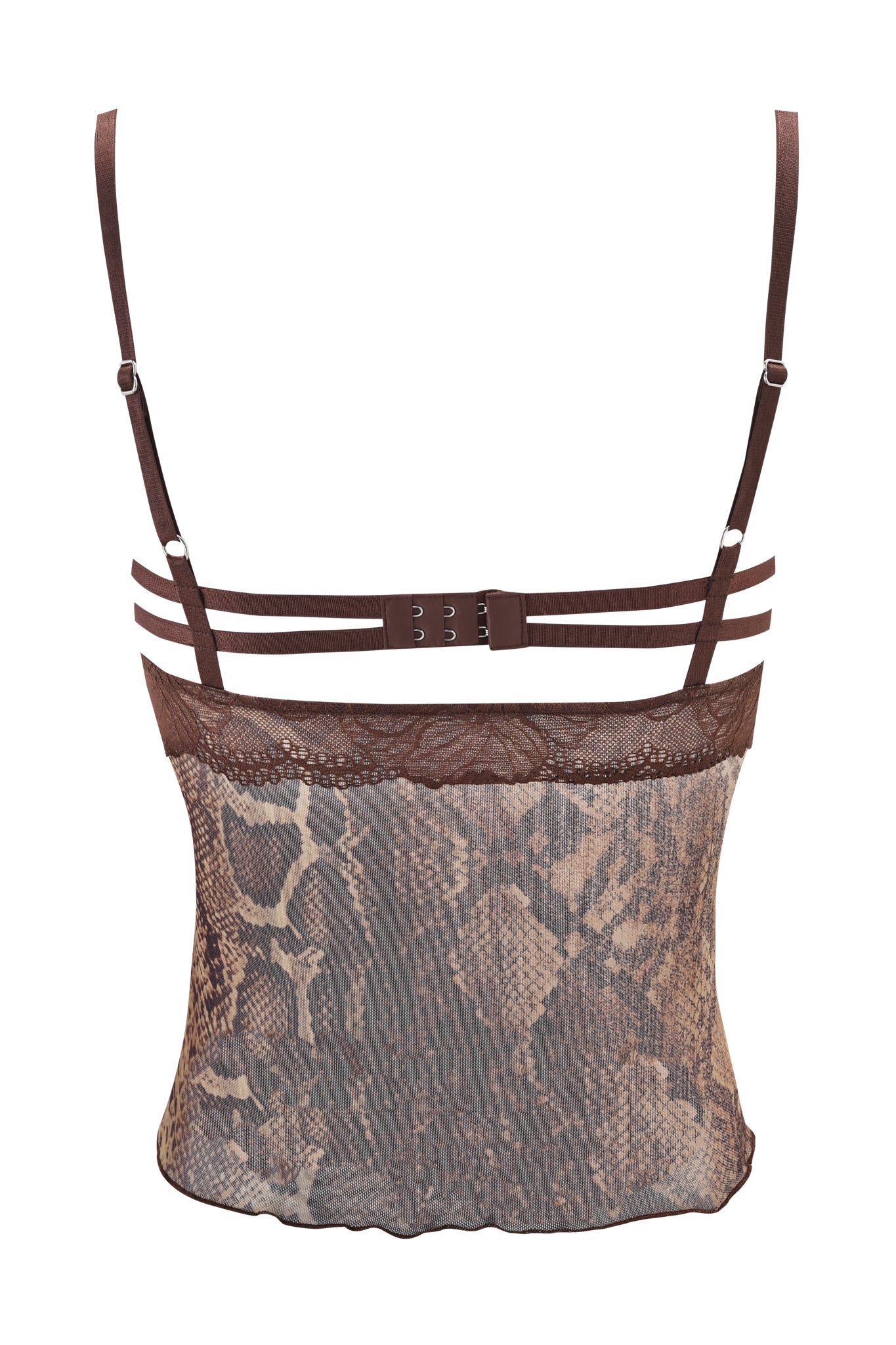Back view of the I.AM.GIA SILO TOP - SNAKE, a brown snake print lace camisole with adjustable spaghetti straps, triple horizontal strap detail with hook-and-eye closures, semi-sheer fabric, and delicate lace trim.