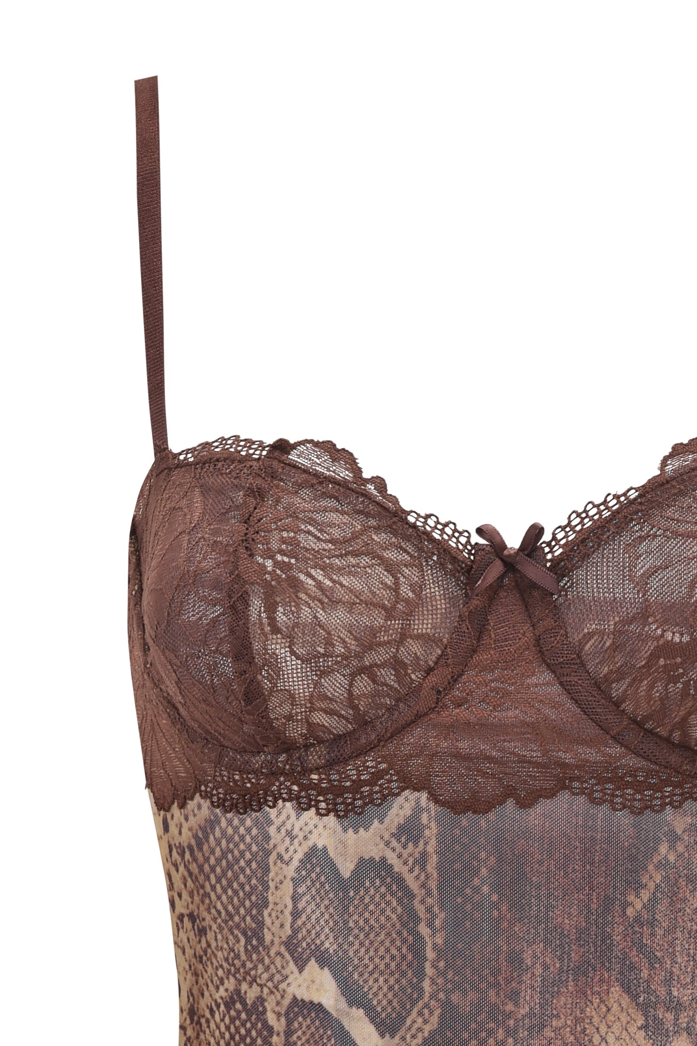 Close-up of the I.AM.GIA SILO TOP - SNAKE, a brown lace camisole bodysuit with spaghetti straps, mesh bustier, center bow detail, and snakeskin-patterned lower fabric.