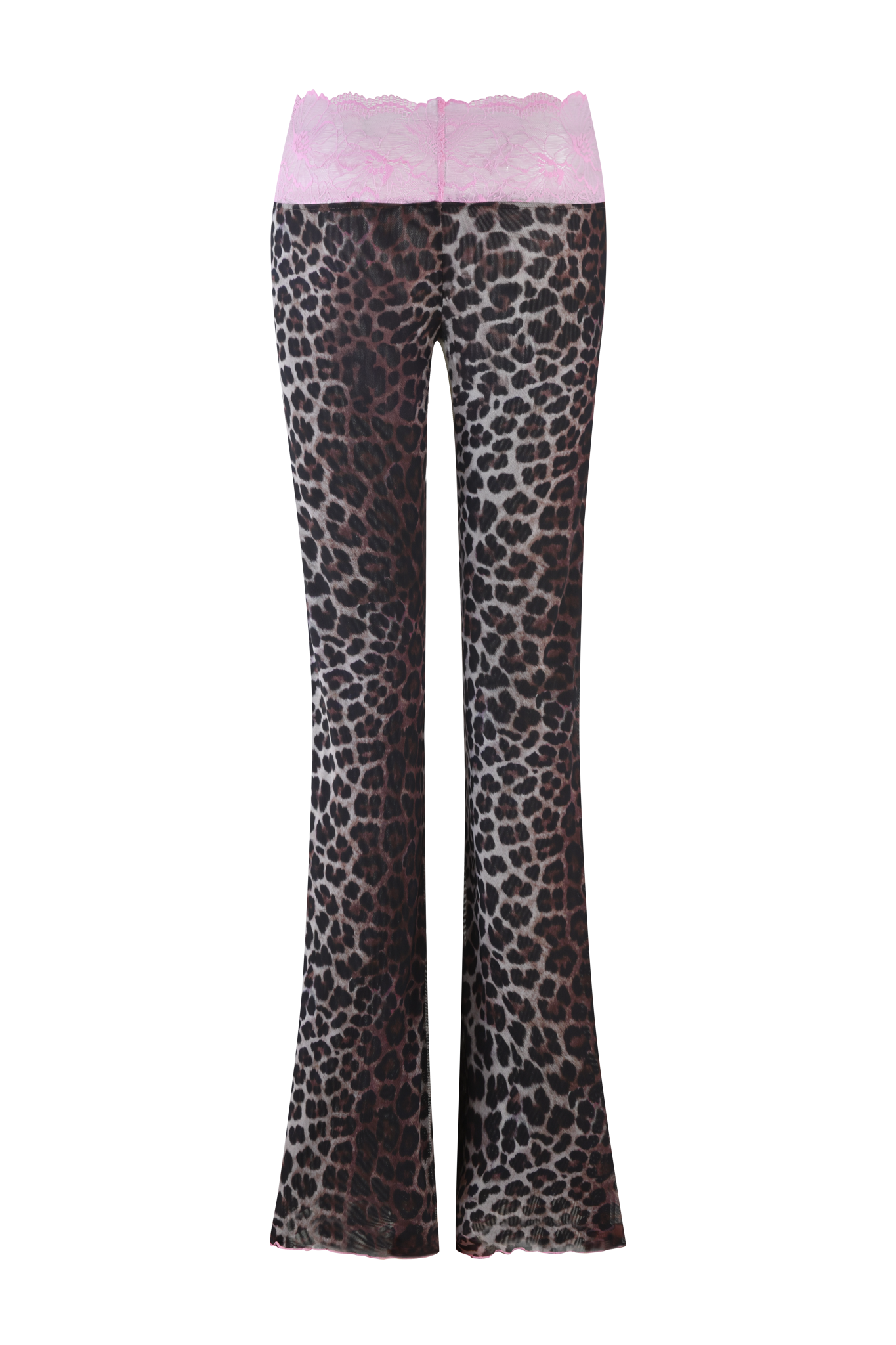 The I.AM.GIA SILO PANT - CLASSIC LEOPARD features flared leopard print with a wide pink lace waistband and a low-rise fit, shown against a pink, gray, and black vertically striped backdrop.