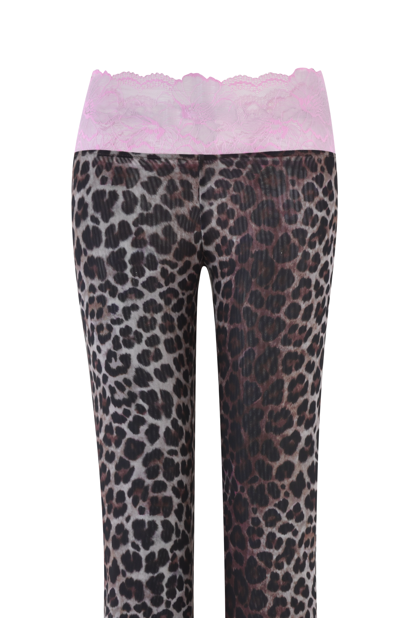 A person shown from the waist down wearing I.AM.GIA SILO PANT - CLASSIC LEOPARD low-rise, sheer leopard print leggings paired with a light pink lace top.