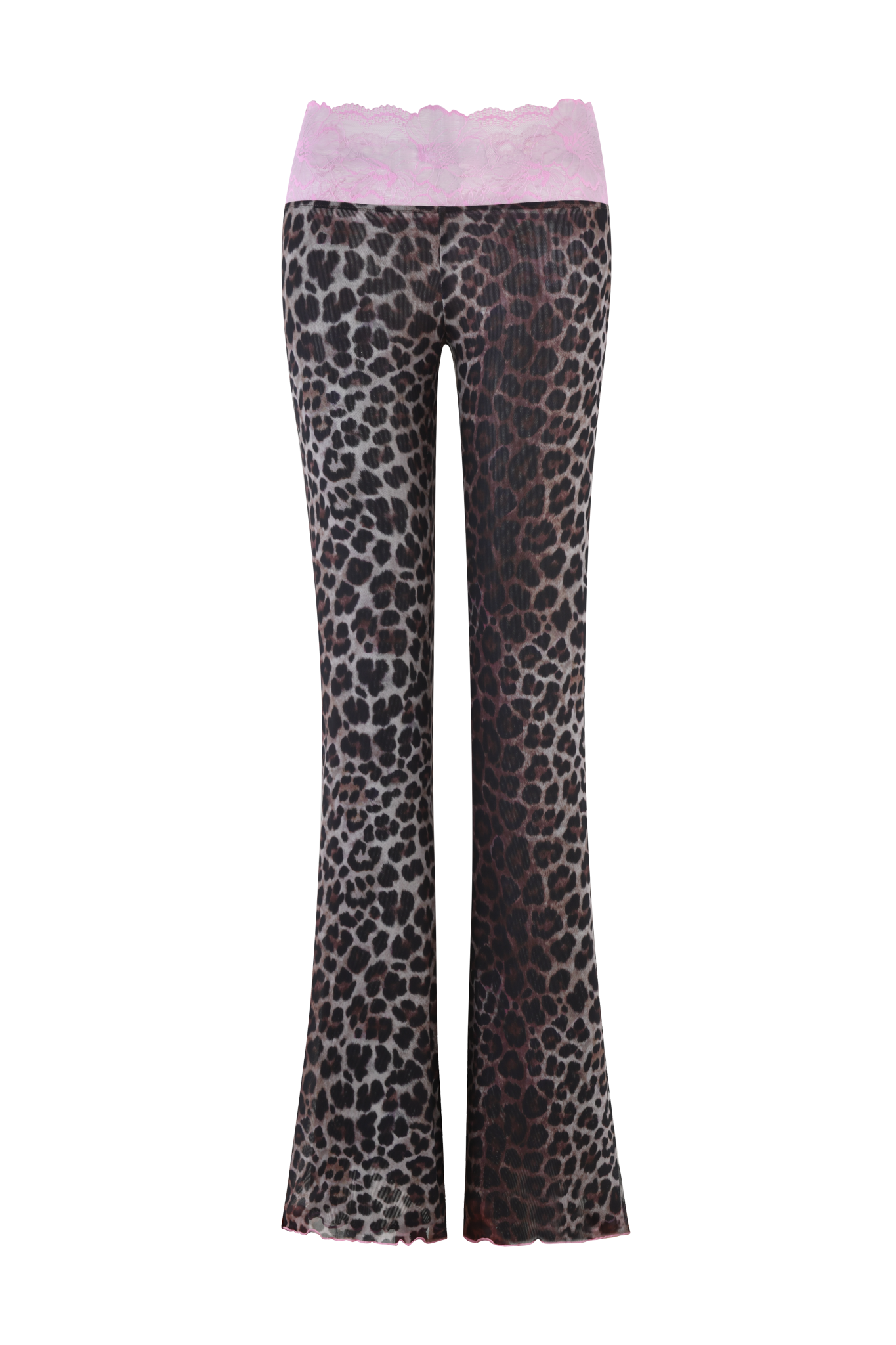 The I.AM.GIA SILO PANT - CLASSIC LEOPARD features a low-rise fit, black and brown leopard print, and a wide light pink lace waistband, shown against a white background.