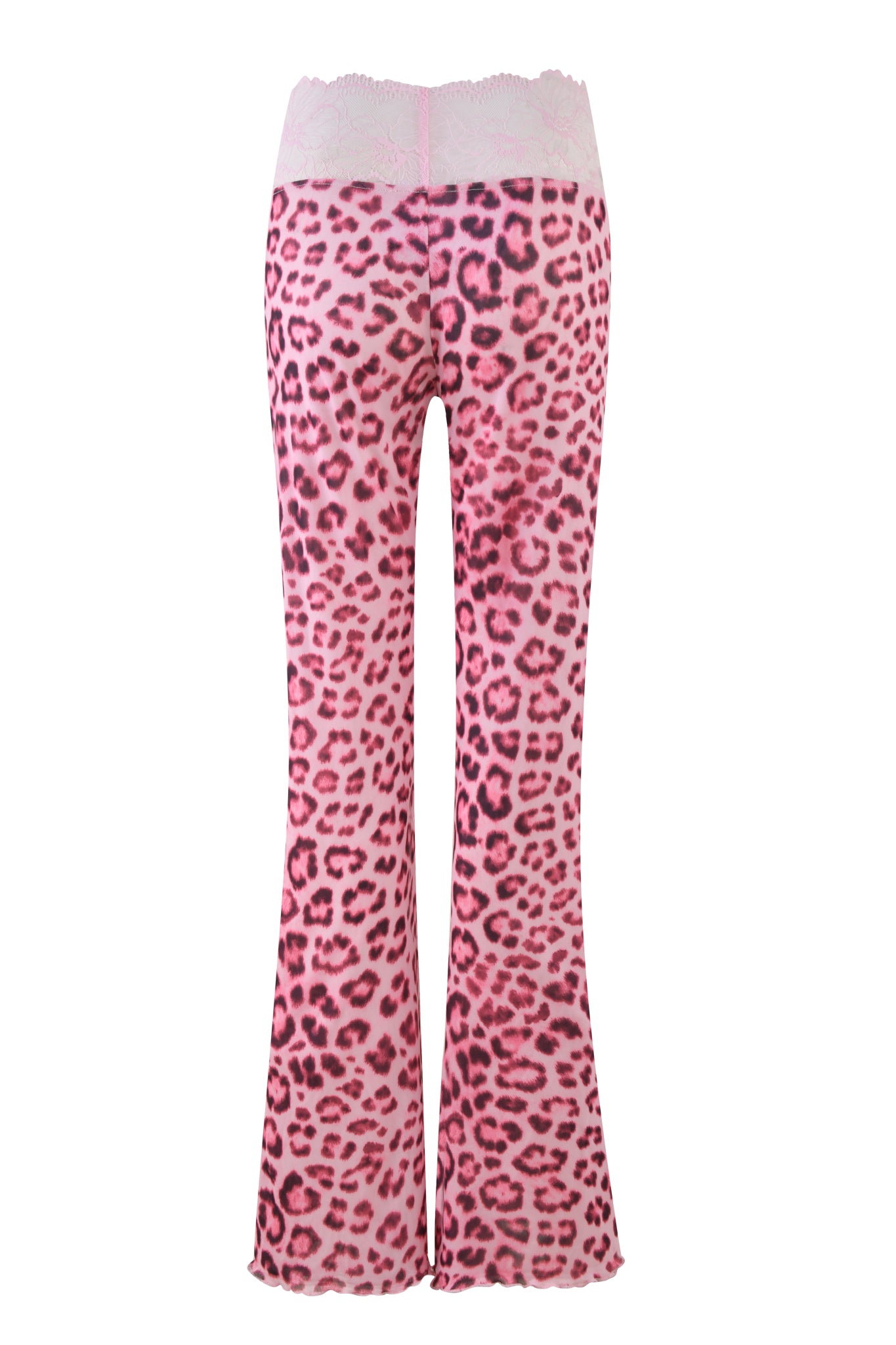The I.AM.GIA SILO PANT in pink leopard features a low-rise flared design with a lace waistband, captured from the back against a plain white background.
