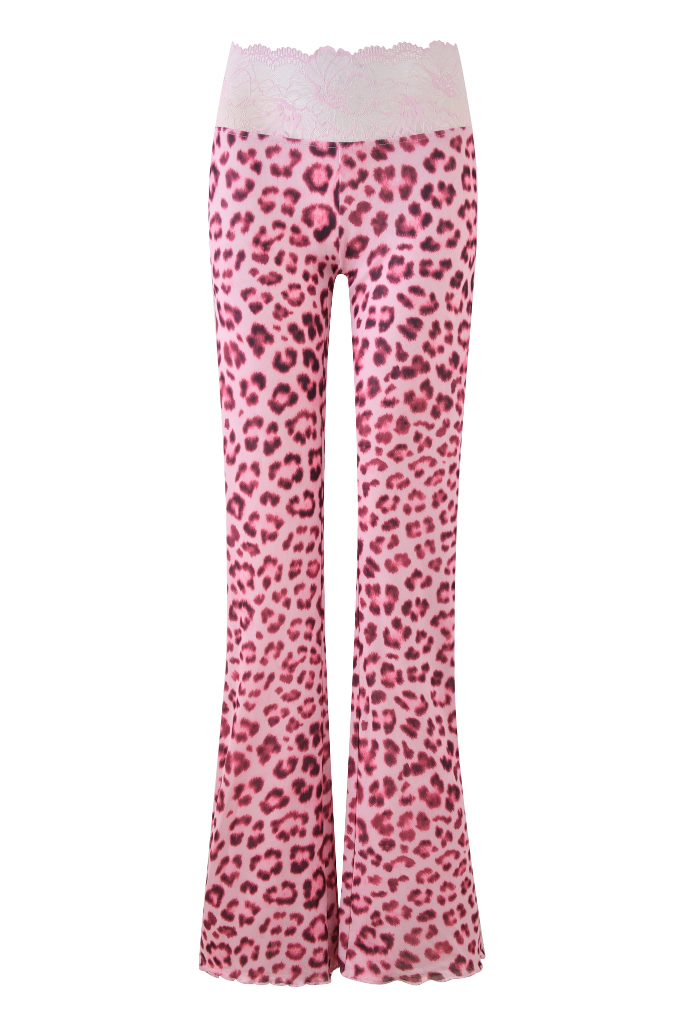 The I.AM.GIA SILO PANT in Pink Leopard features a bold leopard print design with a white lace waistband and flared legs, making it a striking fashion statement. These vivid low-rise pants stand out against a plain white background, offering an eye-catching look.