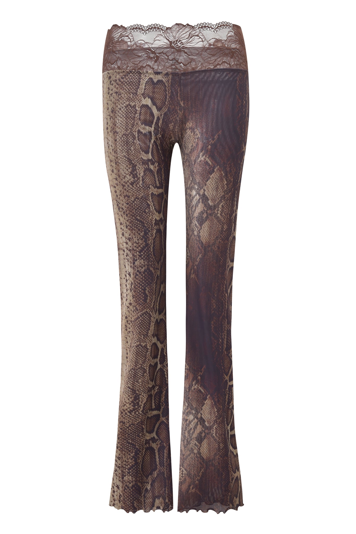 The I.AM.GIA SILO PANT - SNAKE is a brown high-waisted, flared mesh pant with a snakeskin print and lace trim waistband, shown against a white background.