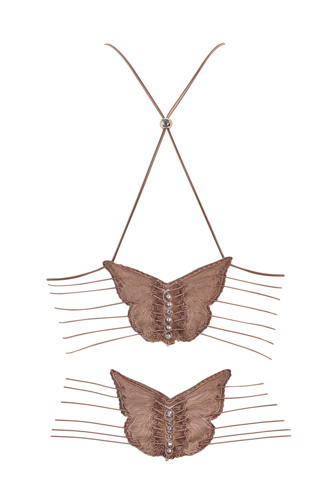 The ELLERY TOP - LEOPARD by I.AM.GIA is a brown lace bralette with a butterfly-shaped front, thin straps, rhinestone buttons, multiple horizontal side bands, and an open back strappy design.