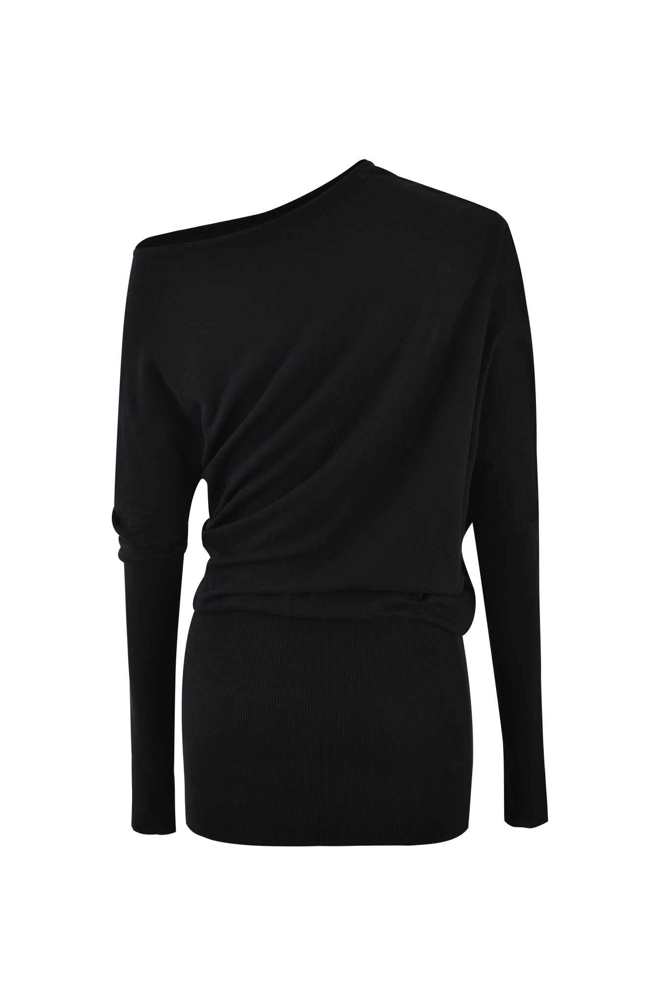 A black GISELLE MINI DRESS from I.AM.GIA is displayed against a white background. The dress features long sleeves, a fitted waist, and a draped, asymmetrical neckline revealing one shoulder. The fabric is soft and appears to be form-fitting.