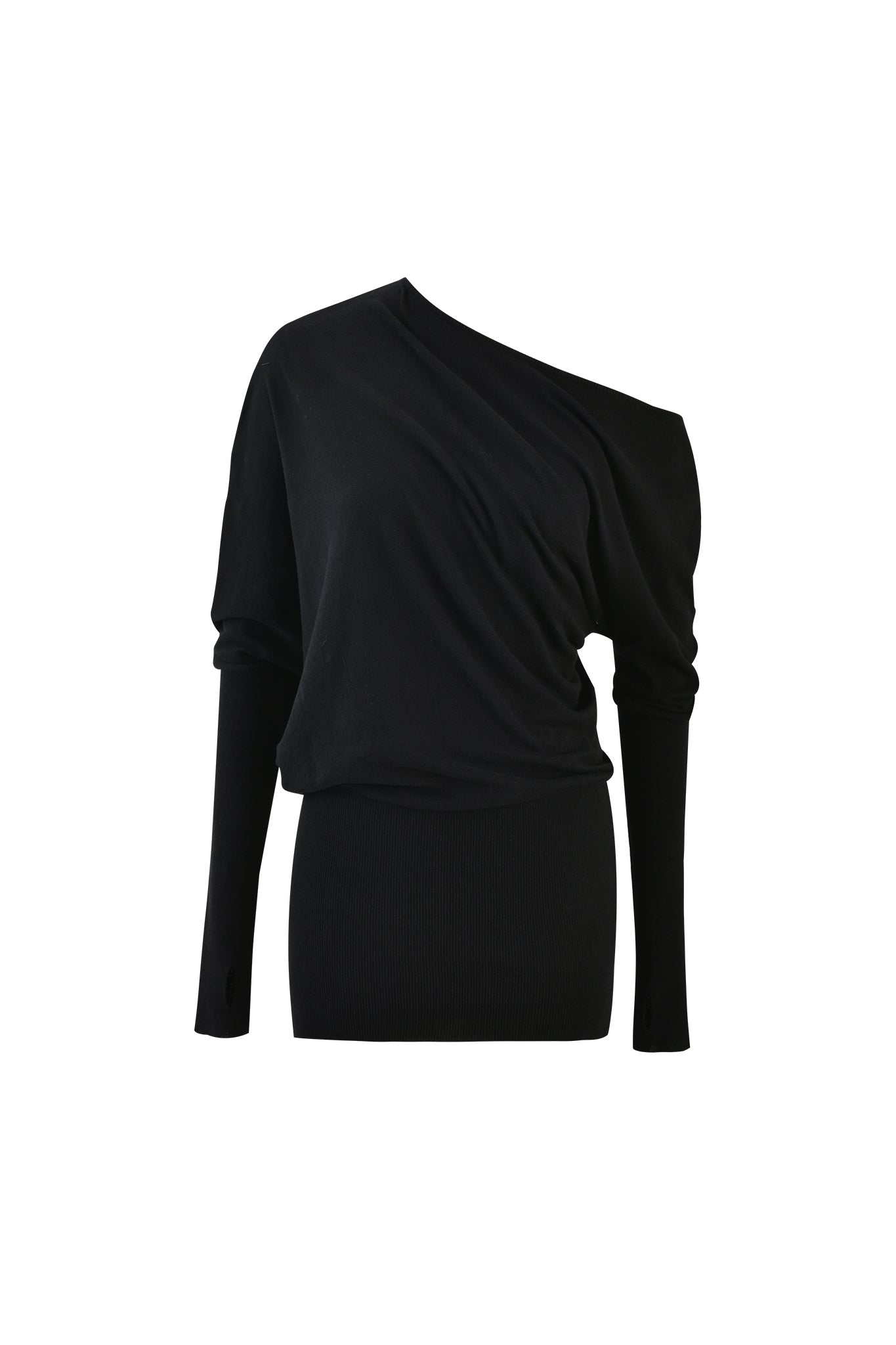 The Giselle Mini Dress in black by I.AM.GIA is a one-shoulder dress with long sleeves that features a draped design on the upper half for a flowy and stylish look. The fabric appears to be soft and comfortable.